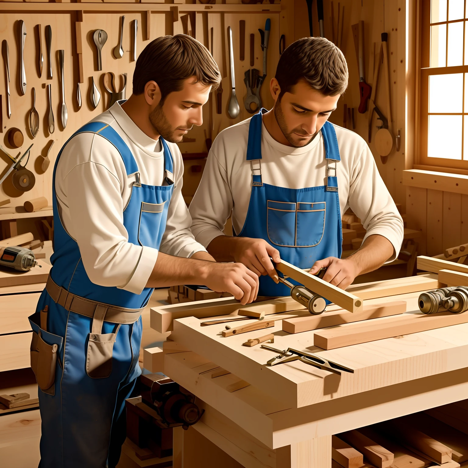 Baby Jesus working with his father Joseph in his carpentry shop, objetos de ferro, objetos de madeira, The two of them are working.