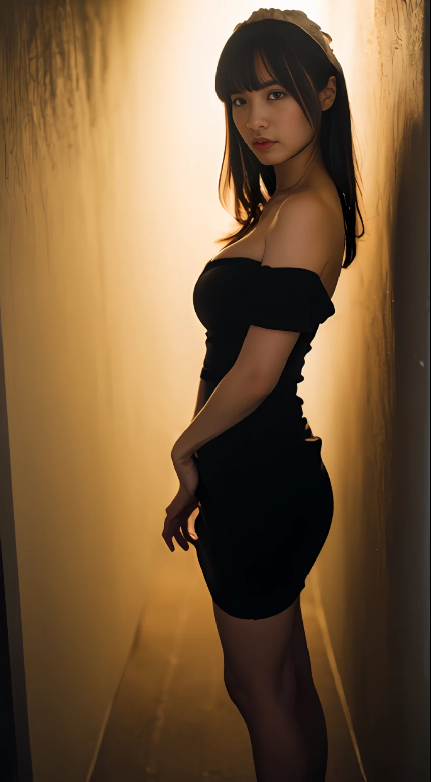 Best Quality, Masterpiece, Super High Resolution, Super Model, Full Body Portrait Photo, Big Boobs, Dynamic Fashion Pose, (Realism: 1.8), Original Photo, 1girl, Bare Shoulder, In the Dark, Deep Shadow, Understated, Cold Light, Wear Maid Dress, ((Japanese))