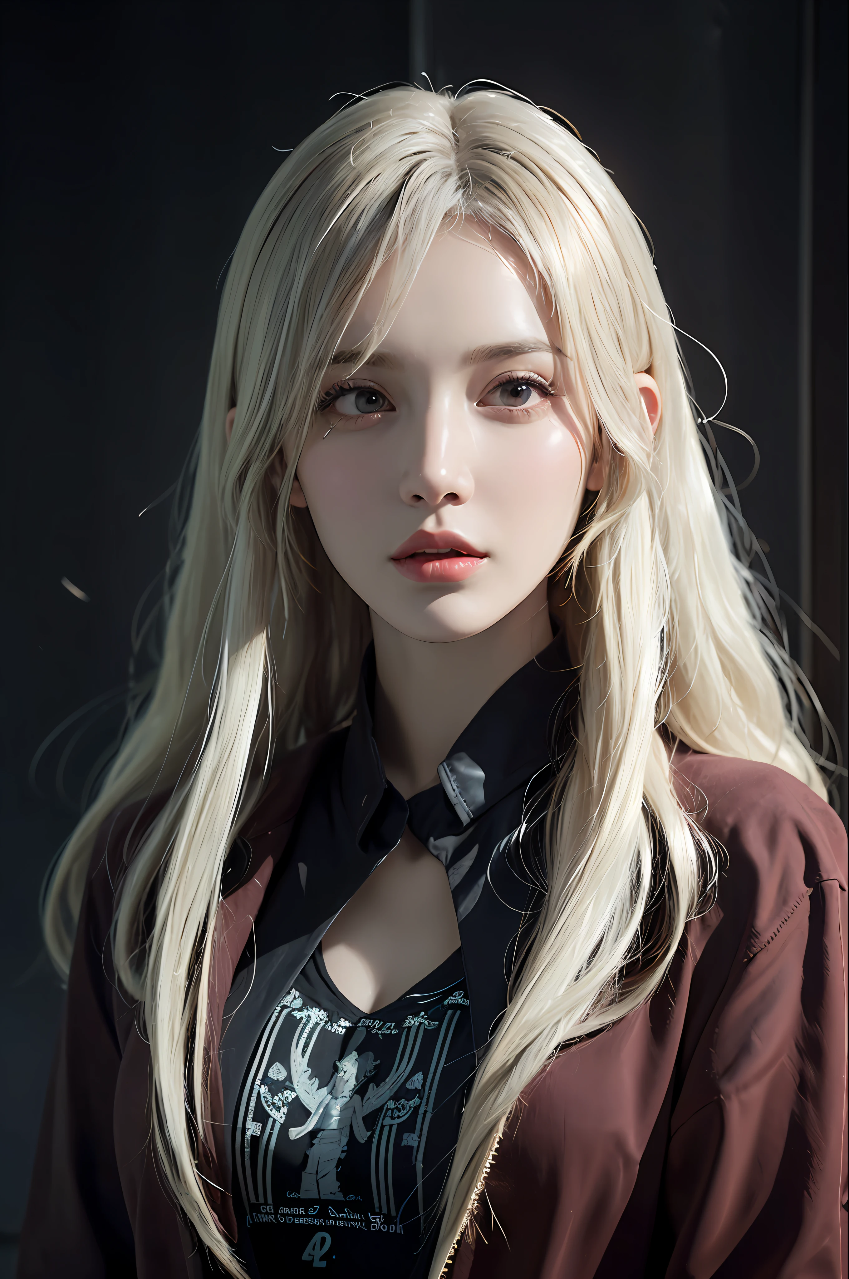 (in the dark:1.6), Hyperrealist portrait of female by david hockney and alphonse mucha,fantasy art, photo realistic, dynamic lighting, artstation, poster, volumetric lighting, very detailed faces, 4 k, award winning,, 1girl, in the dark, deep shadow, low key,cowboy shot,(official clothing:1.4) ,long hair,white hair,