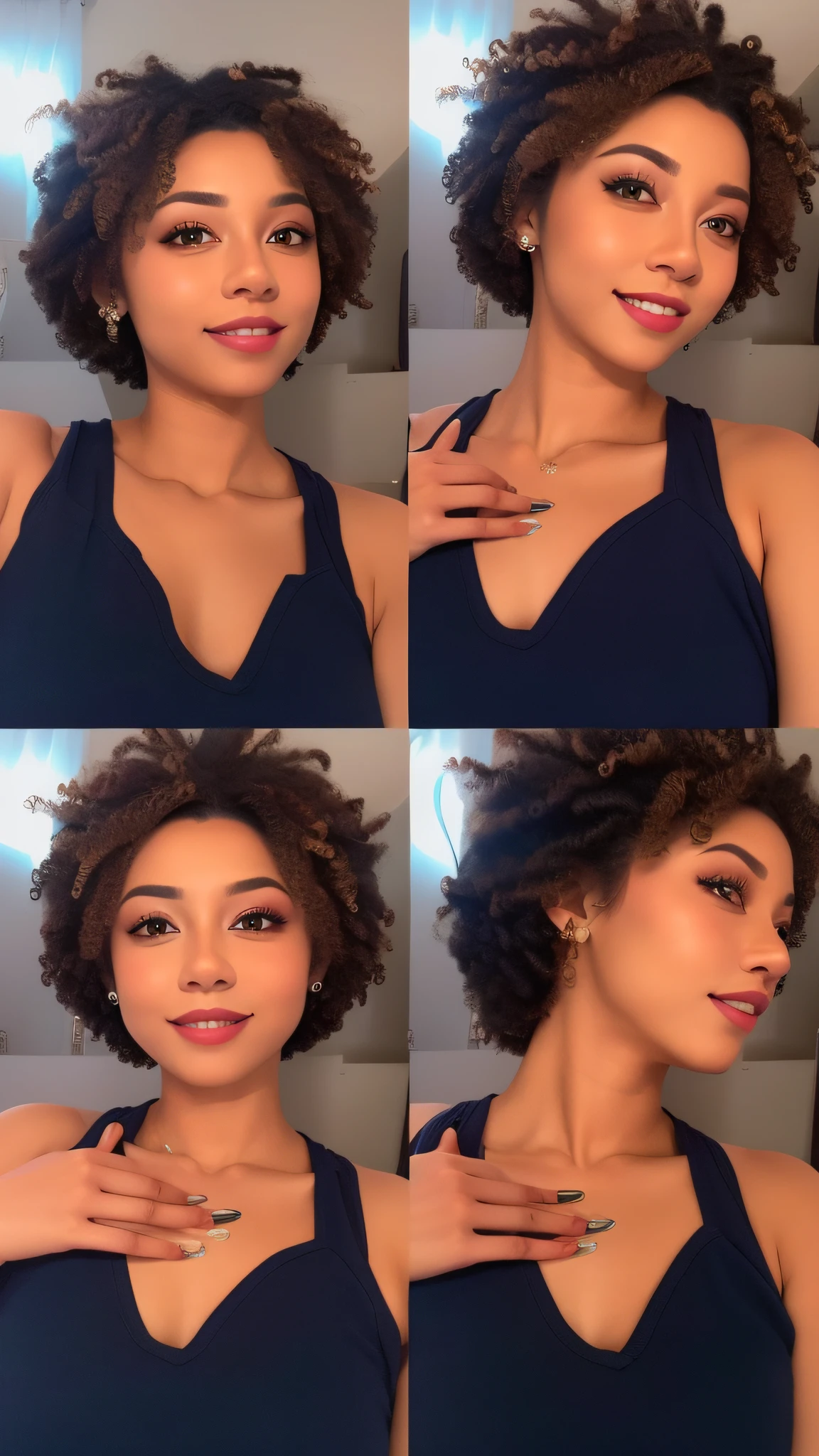 um close up de uma mulher com um vestido azul fazendo um rosto, afro encaracolado, cabelos cacheados e curtos, cabelos cacheados pixie, cabelos curtos e cacheados, com afro, cabelos cacheados muito curtos, franja encaracolado, cabelos cacheados, cabelo curto preto encaracolado, cabelo encaracolado curto escuro sorrindo, cabelo encaracolado pixie cortado, encaracolado, curly hair, cabelos curtos naturais