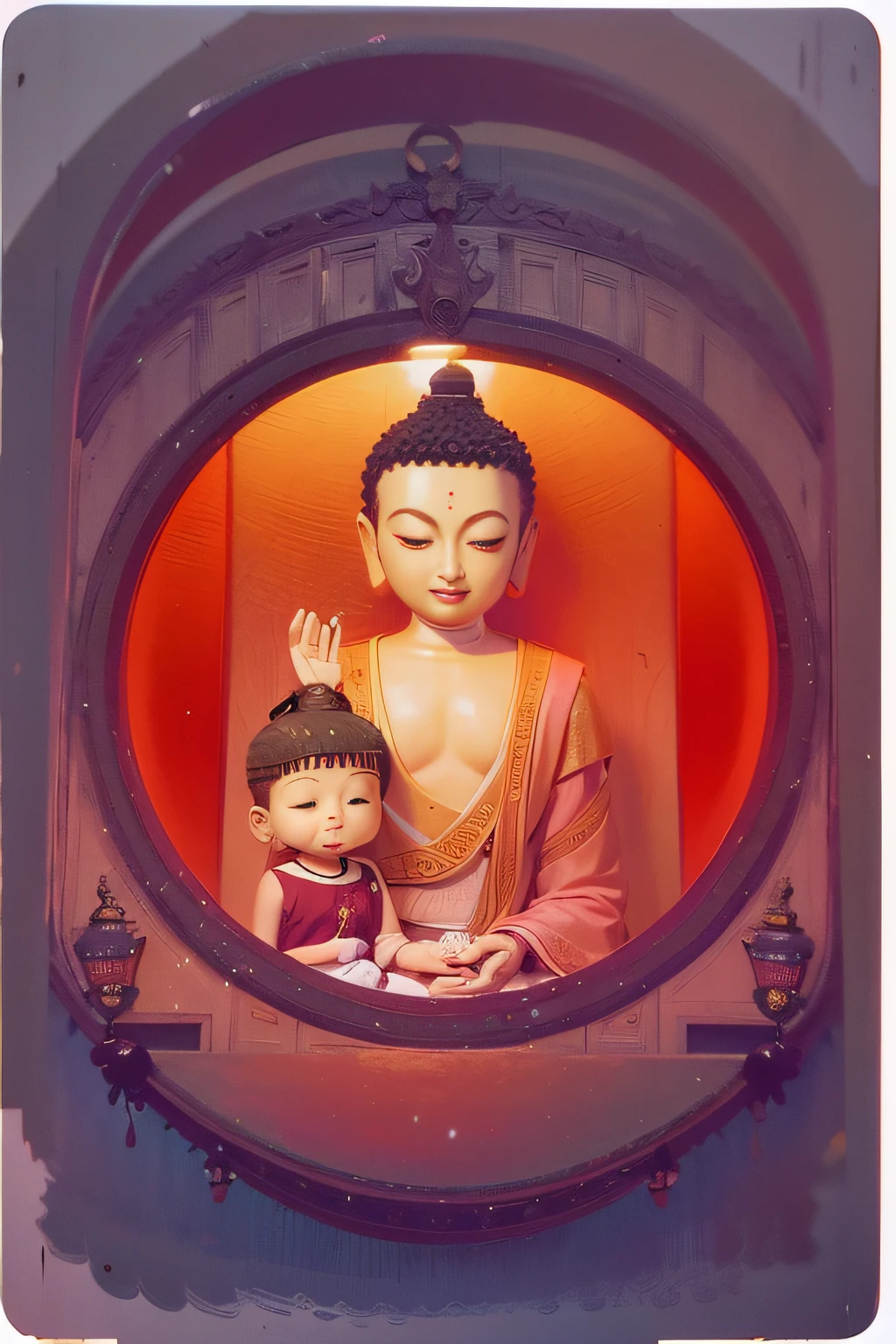 buddha statue with child in a round window with a red light, por Aya Goda, budismo, Directed by: Ryan Yee, a beautiful artwork illustration, Rob Rey e Kentaro Miura Estilo, budista, rob rey and kentarõ miura, rob rey and kentarõ miura style, serene illustration, Directed by: Qu Leilei, full color illustration