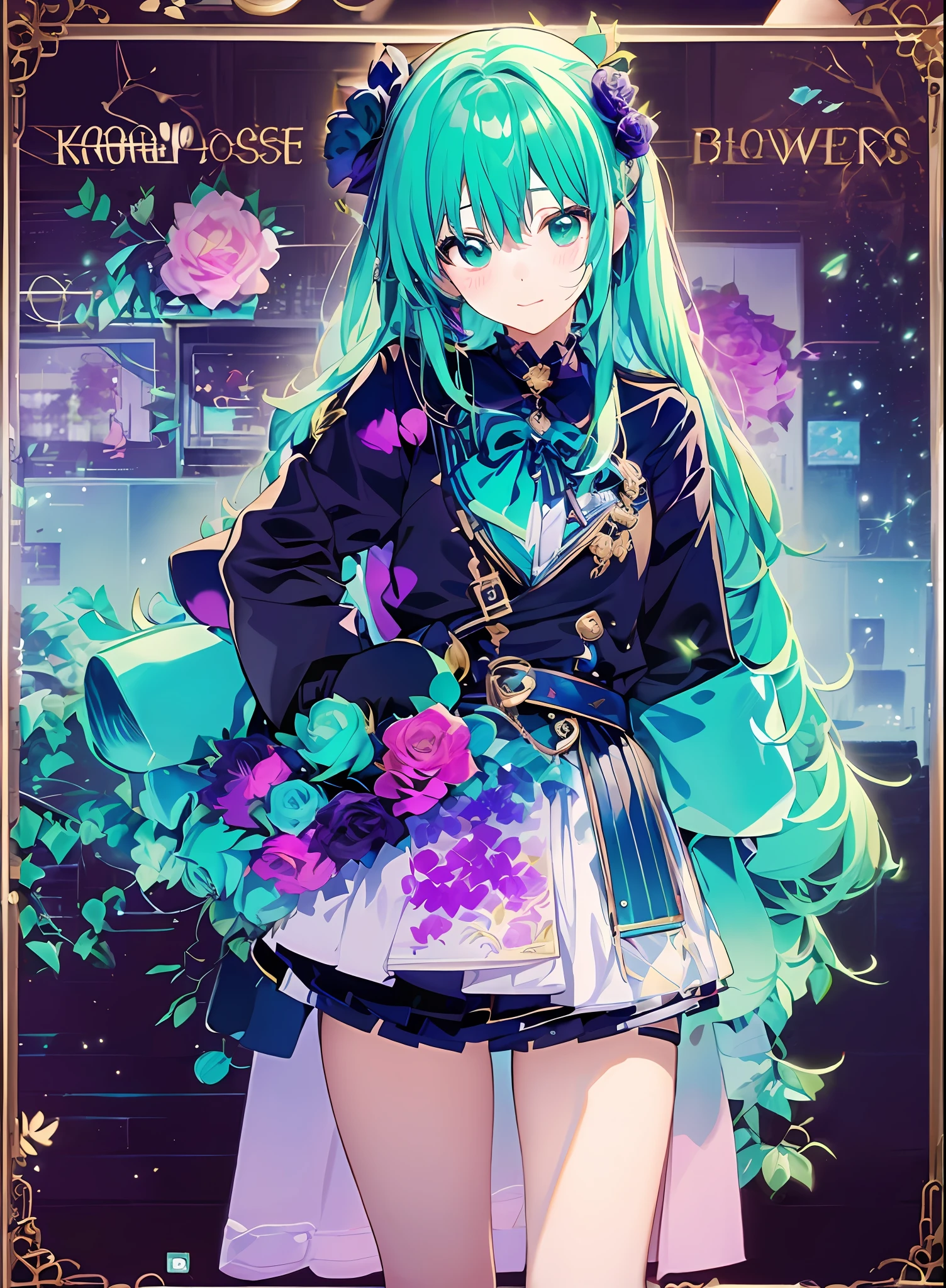 HATSUNEMIKU、🎸、((Konmutsuki_gacha_series1, punk_rosette))), cute girl, aqua color flowers, (full body), elegant flowers background