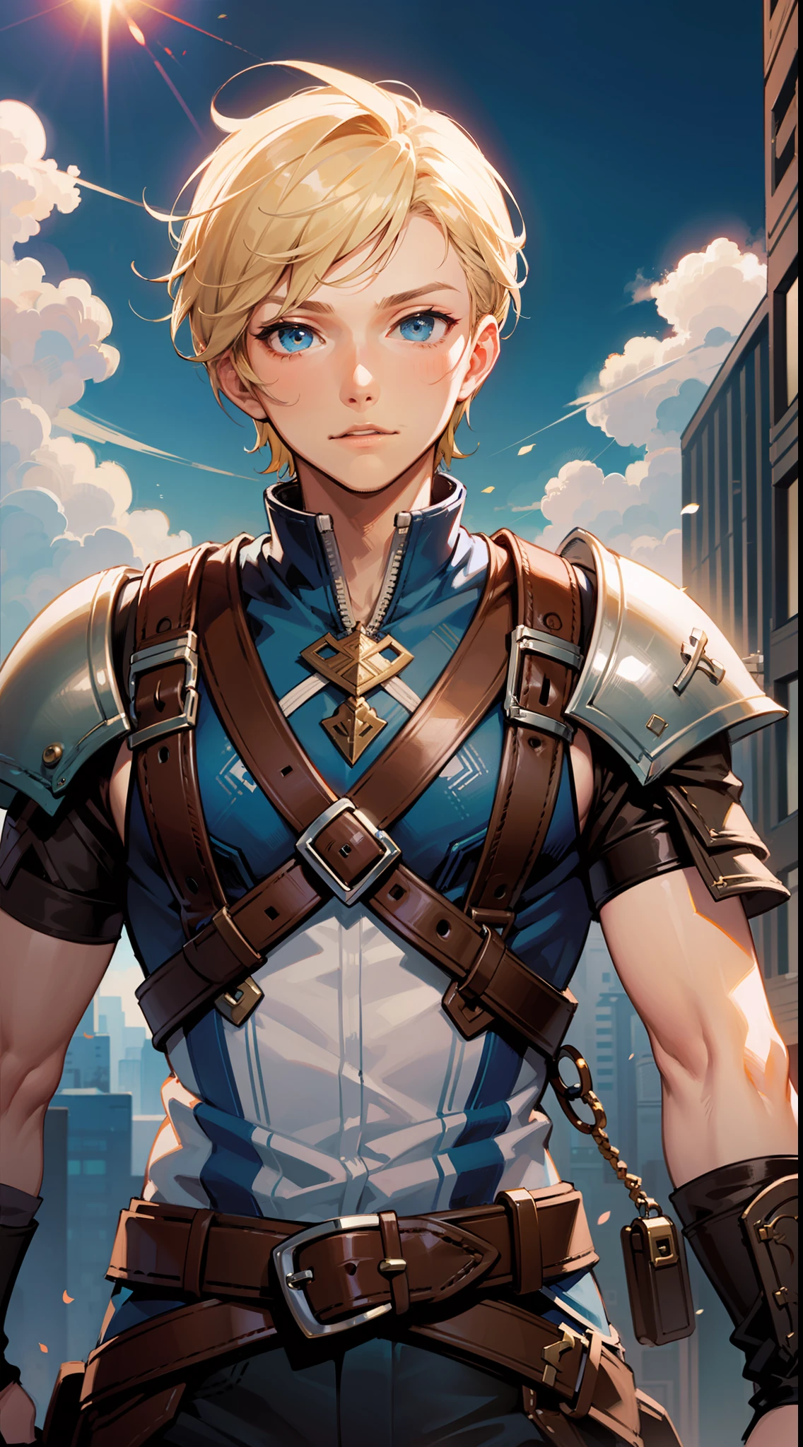 (1male), artwork comic book character, short blonde hair man with blue eyes, balthier, Akihiko yoshida, close up, final fantasy XII refrence art, standing on the sky craft, above the sky