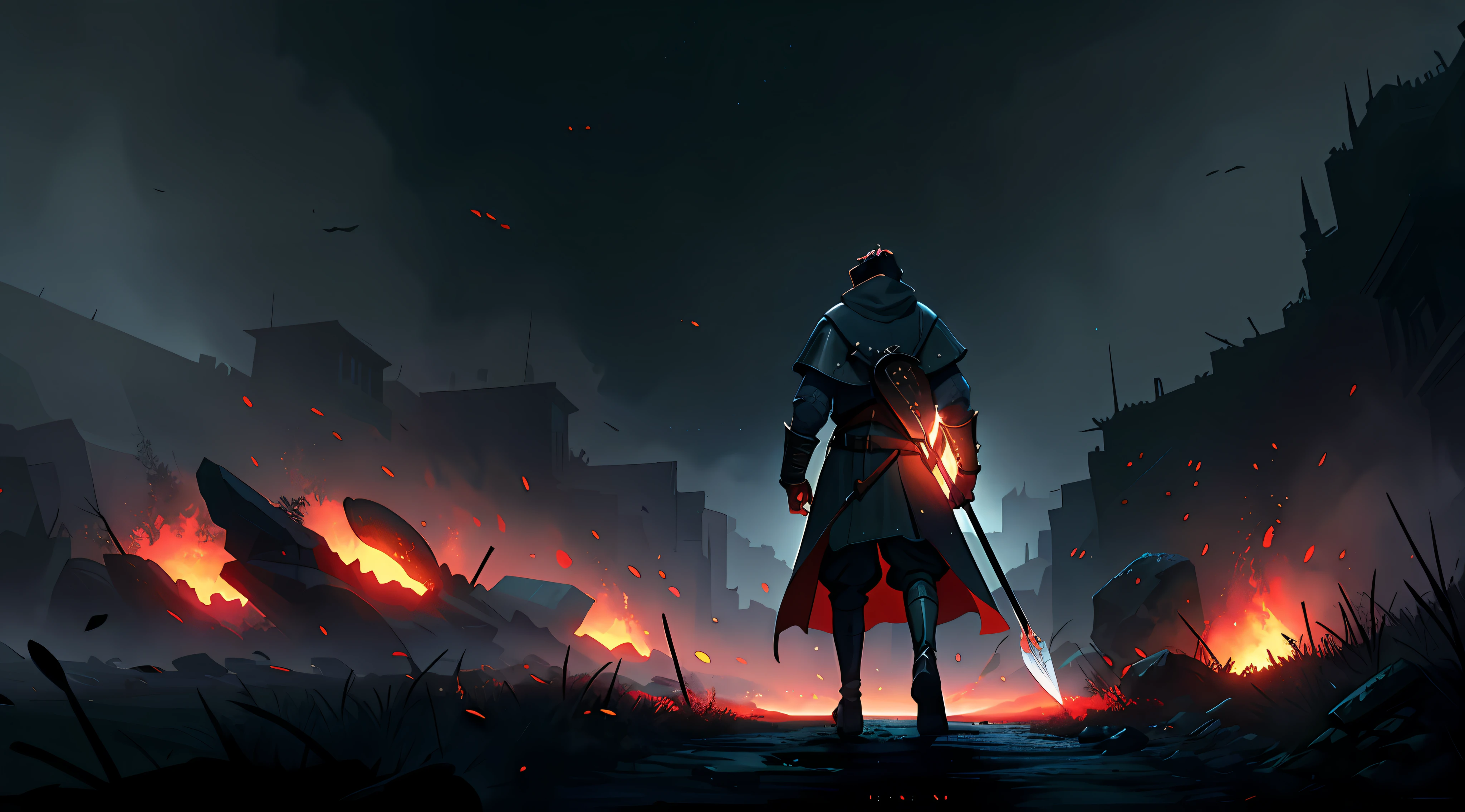 A detailed and intricate digital illustration of a medieval warrior in a dark valley of death, (((solo))), Paisagem, arte feita por Greg Rutkowski, ultra detalhada, trending on ArtStation, beautiful lighting, semi-realista, intrincado, folhas ao vento, Arte medieval, medieval, fantasia medieval, 4k, Pintura Digital 4K