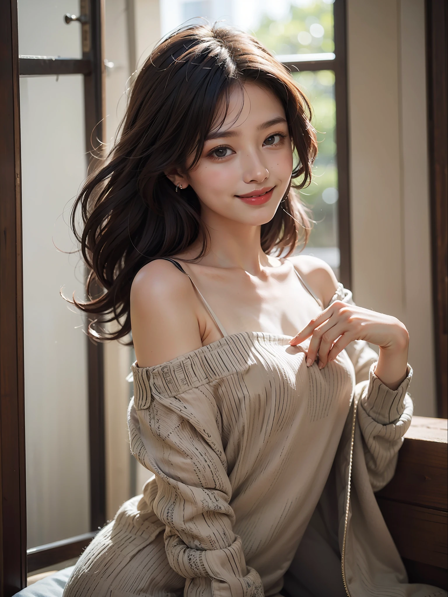 best quality, masterpiece, ultra high res, photorealistic, 1girl, offshoulder, smile