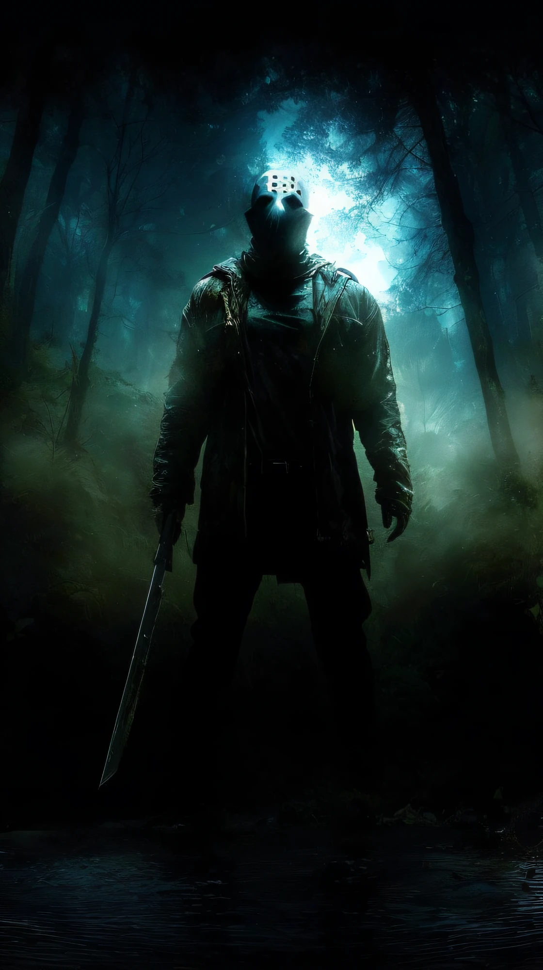 um homem com capuz segurando uma faca em uma floresta escura, Jason Voorhees, Slasher filme de terror, filme Slasher, JASON, inspirado em Clark Voorhees, Lago Cristal, action horror, Slasher, cartaz de terror, de filmes de terror, horror ", horror", personagens de filmes de terror, imagem de horror, filme de terror ainda, jesus christ is the doom slayer --auto