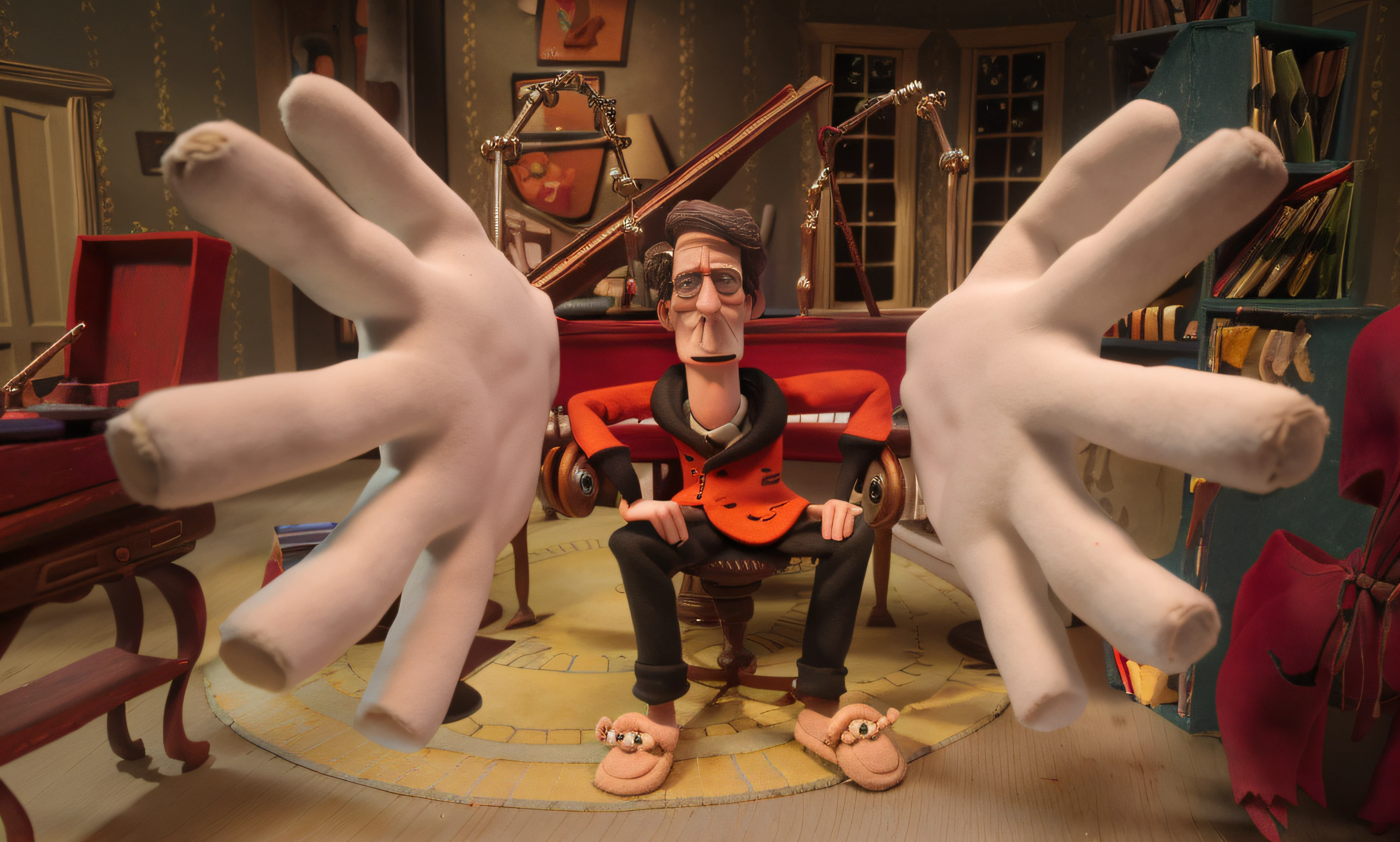 there is a fake person sitting in a chair with two hands up, as a claymation character, aardman animation, aardman animations, aardman, clay animation, in claymation, claymation character, claymation style, claymation, aardman studios, animated film still, animation film still, animation still screencap, aardman character design --auto
