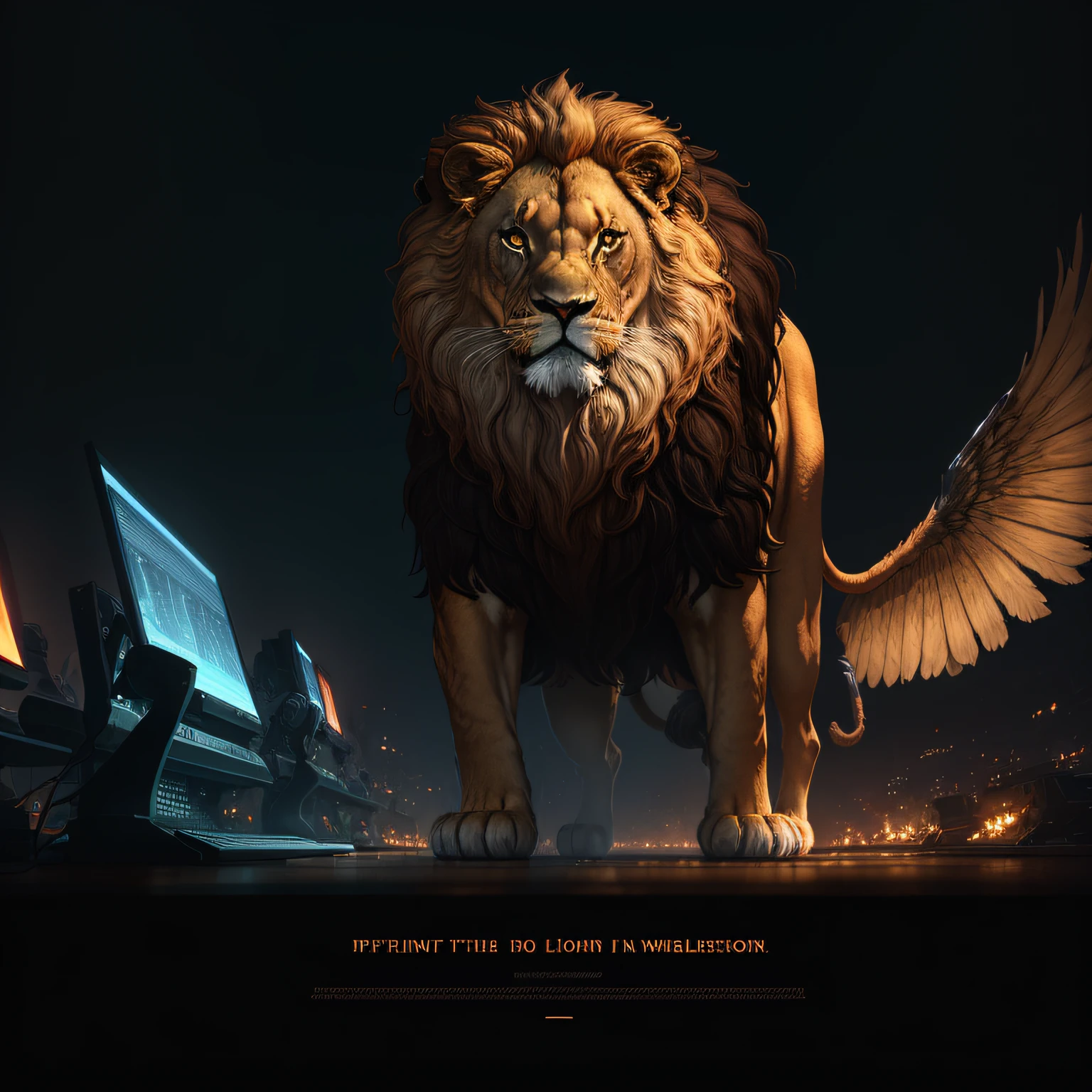 Please generate an IP with a lion on its wings and flying,There is the king of beasts,Soar,Far ahead means,And there is engineering,computers,Chip factors,And add some festive elements,Contains certain international genes --auto