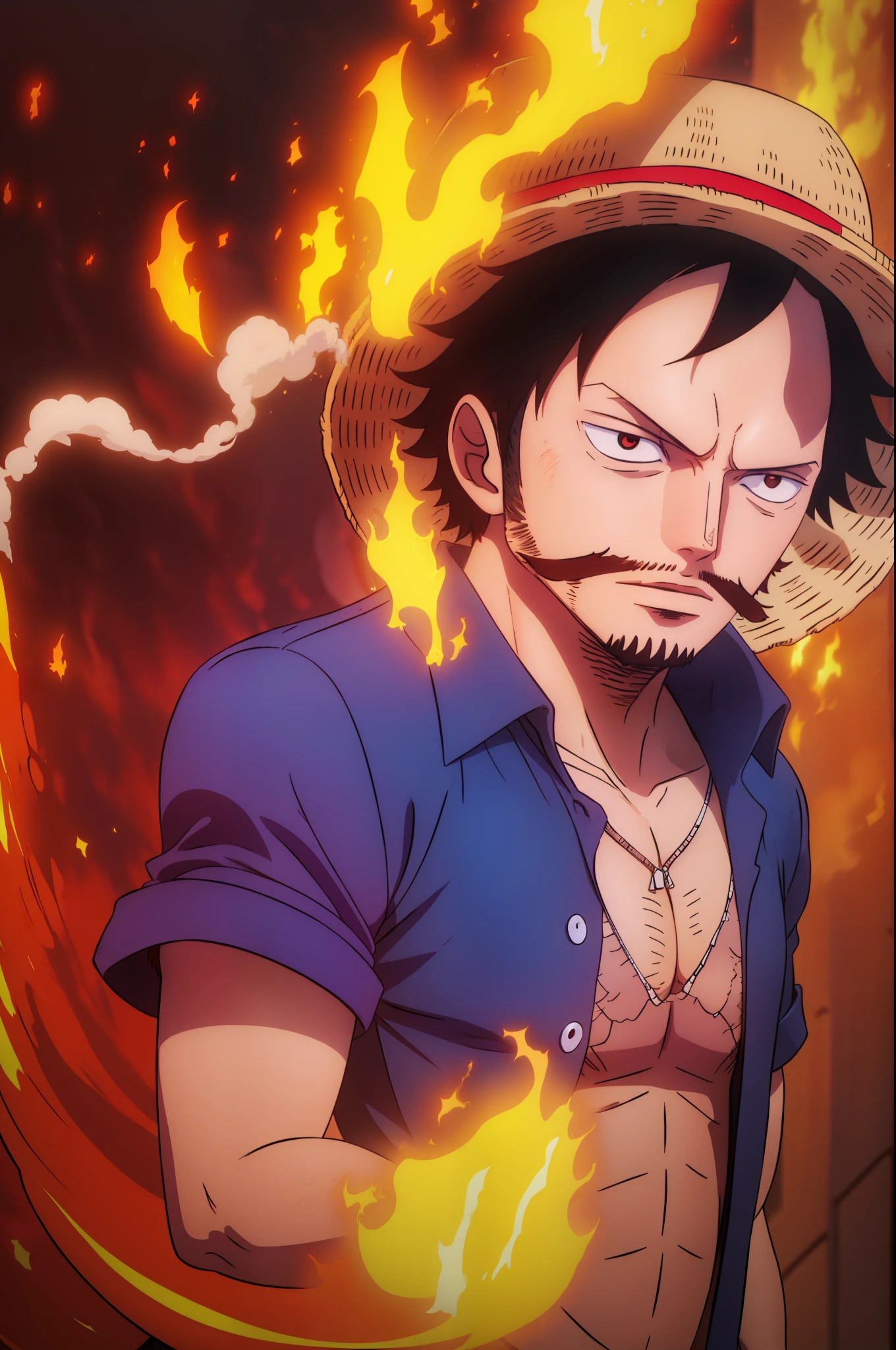 man with brown hair and beard, big eyes, straw hat, blue shirt, background with fire and smoke