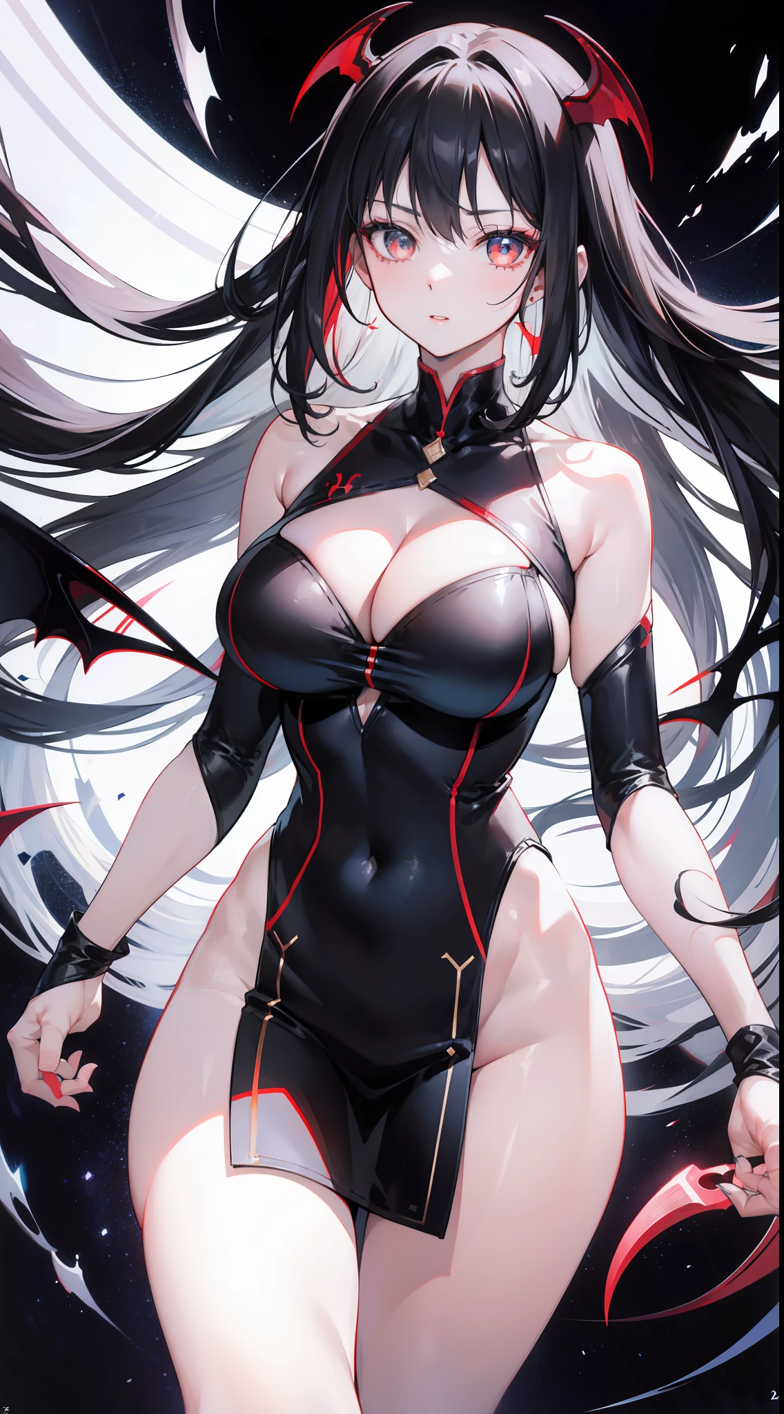 (asmodeusoutfit:1.4),cleavage, black_hair, long_hair, hair wind blowing hair,parted_lips,red glowing_eyes, 1 demon girl, 24yo,mature female,Beautiful Finger,Beautiful long legs,Beautiful body,Beautiful Nose,Beautiful character design, perfect eyes, perfect face, looking at viewer, in the center of the image, NSFW,official art,extremely detailed CG unity 8k wallpaper, perfect lighting,Colorful, Bright_Front_face_Lighting, (masterpiece:1.0),(best_quality:1.0), ultra high res,4K,ultra-detailed, photography, 8K, HDR, highres, absurdres:1.2, Kodak portra 400, film grain, blurry background, bokeh:1.2, lens flare, (vibrant_color:1.2) (Beautiful,large_Breasts:1.4), (beautiful_face:1.5),(narrow_waist), white background