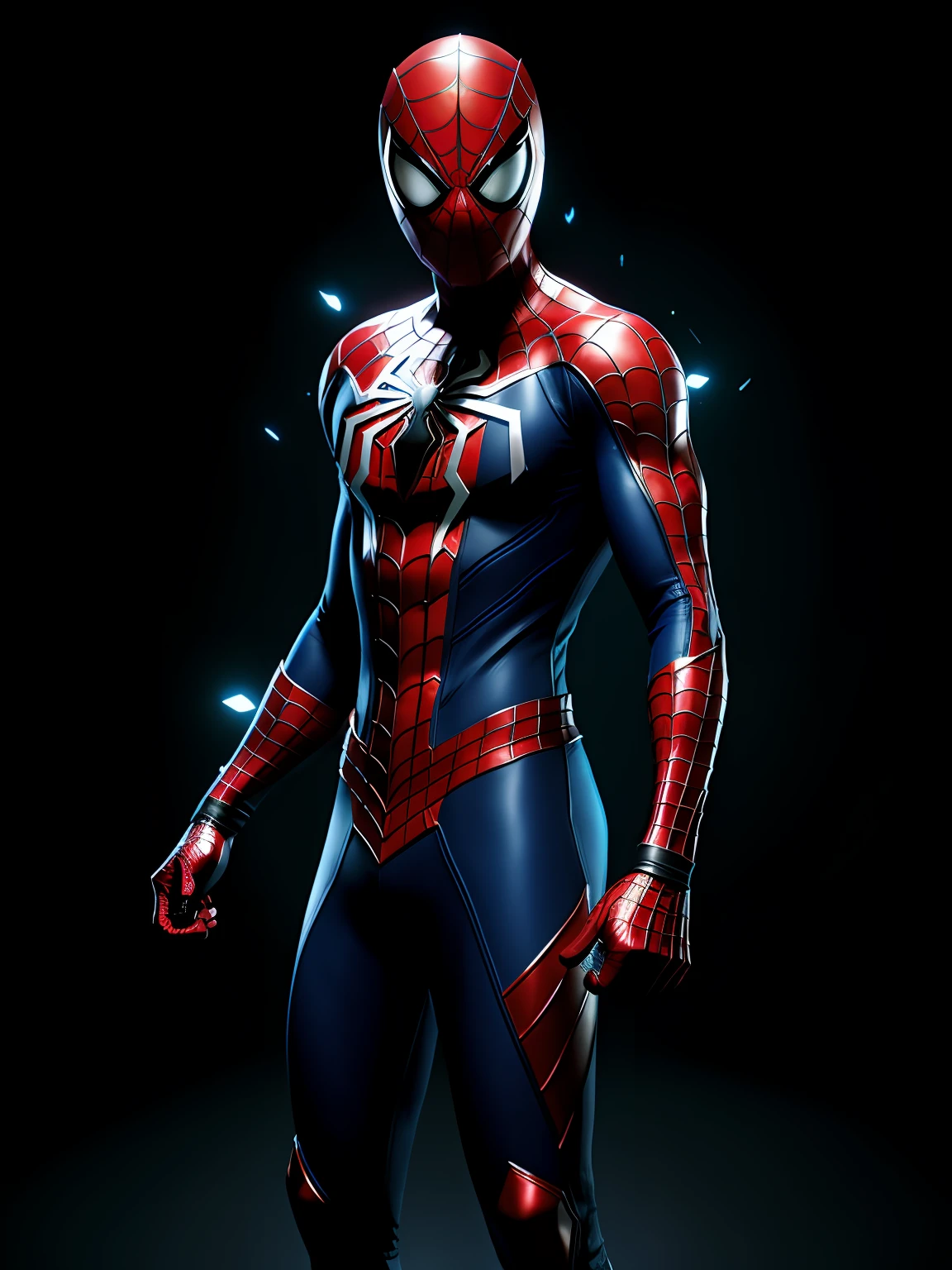 midjourny-v4 style, Professional Photoshot medium a spiderman perfectly played by gwen Stacy with highly detailed intricate cybernetics outfit, highly detailed beautiful face, standing in darkness with black particles surrounded the body, proportional body shape + perfect anatomy, symetrical dynamic pose, volumetric shadow, neon glowing dust particles effect + detailed particles, full hd render + 3d octane render + unreal engine 5 graphic 4k UHD + immense detail + dramatic lighting + well lit + intricate + fine details + octane render + Ray tracing + 8k + sharp focus + high vibran contrast, in the style Marvel style, trending on ArtStation
