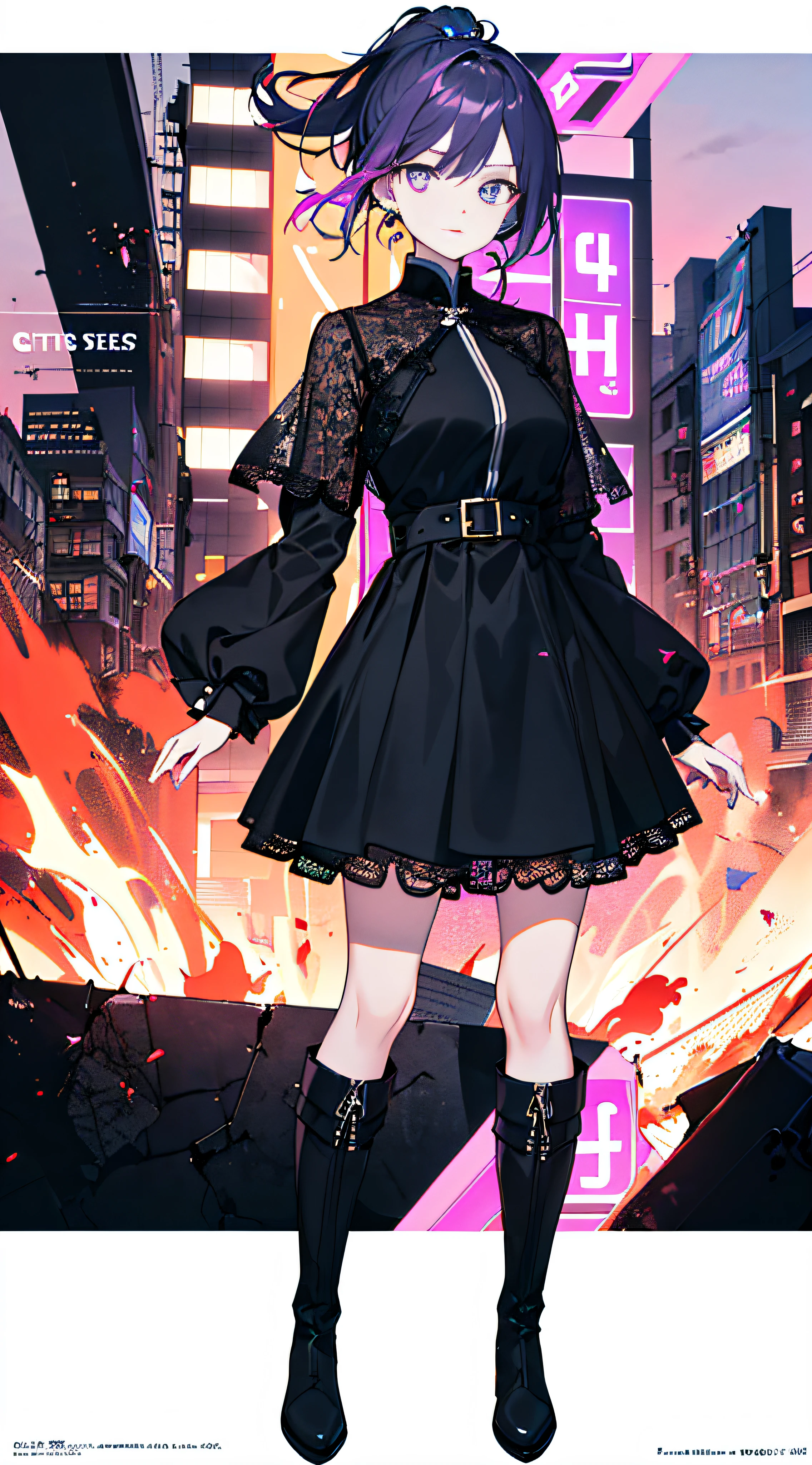 8K,Best Quority,masterpaintings,wallpaper hd,((((Dramatic))), (((grittiness))), (((Intense))) The movie poster features a beautiful young girl as the central character,solo,Royal sister,Young sister,Single poster,Full body photo,She stands confidently in the center of the poster,High-definition delicate face,The expression is grim,posando,Ultra-clear hands,Delicate hands,Delicate HD fingers,Dreamy purple high ponytail,Dirty braids,Black pupils,Dress in fashion-forward clothing,Black and purple cargo dress,A short skirt,Lace,Over-the-knee boots,Lace boots,Wearing metal earrings,The older sister is slender and elongated。Street photography background,There is a summer and strong feeling。The text is bold and eye-catching,With catchy slogans,Adds to the overall drama and excitement。The color palette is predominantly purple,Dotted with bright colors,Make the poster dynamic and visually striking,tachi-e (magazine:1.3), (estilo da capa:1.3), lo fashion, vibrant, Outfit, posando, Front,rich colourful,Dynamic,a backdrop of,element in,confiante,Expression of,Hold,statement,attachment,Majestic,coil,ao redor,tocar,Scenes,text,cover page,boldness,attention-grabbing,titles,lo fashion,typeface,Catchy,titles,Bigger,Smart、moderno、Trendy、focus-on、lo fashion、