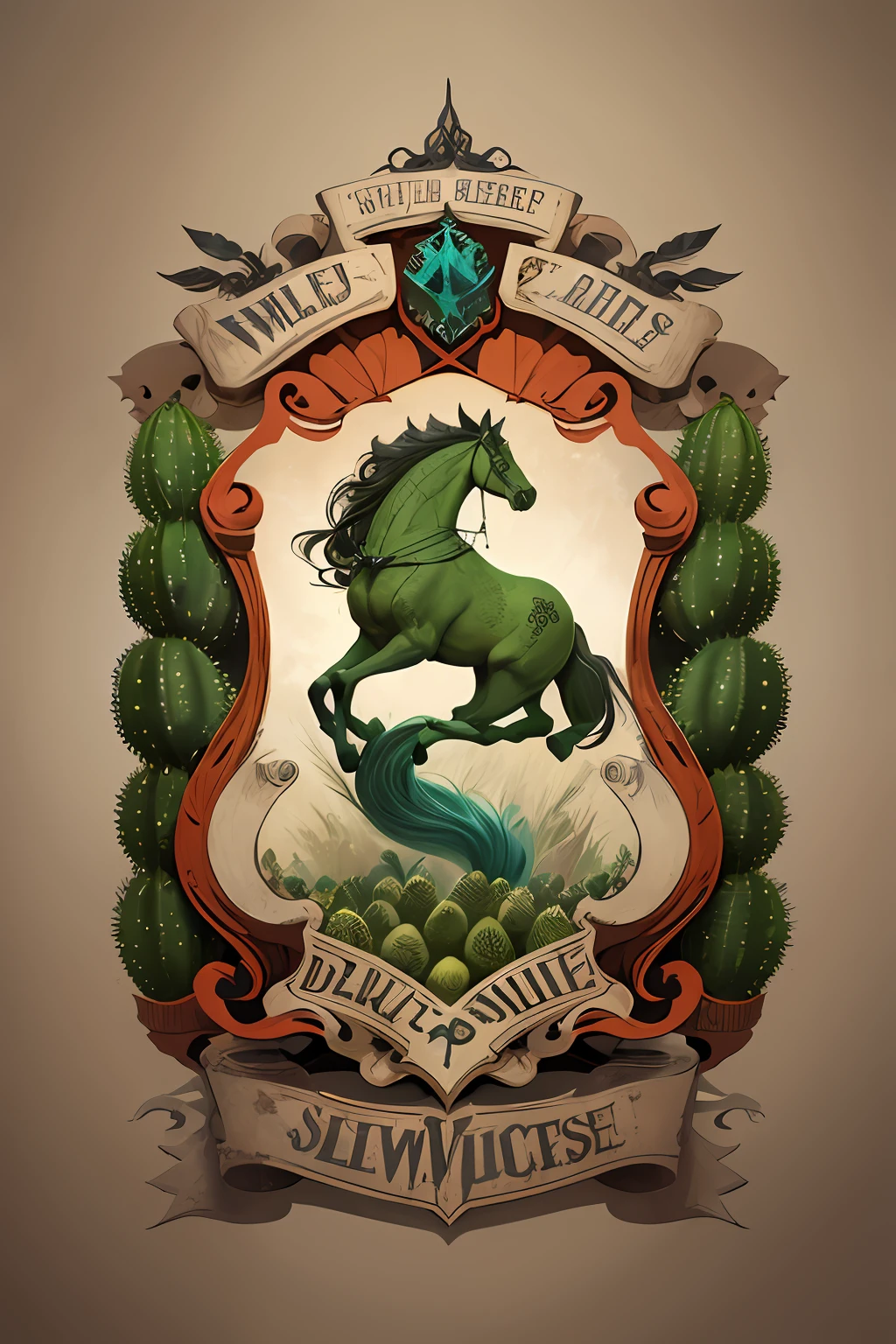 Logotipo de cavalo vetorial, silhuetas, vetorial, Wild West Stile, Faroeste, moldura redonda, cinematographic, geometrical forms, cores vermelhas, cactos ao redor