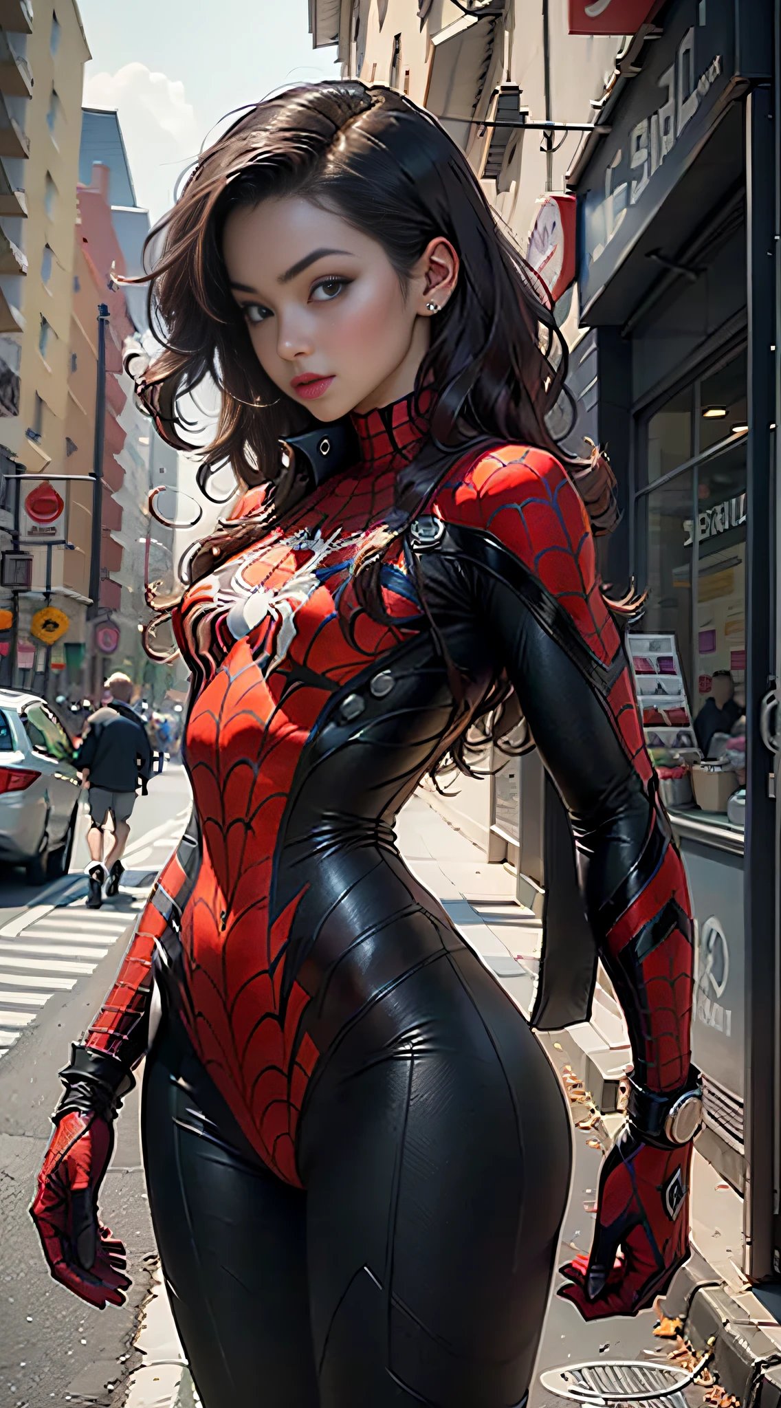 Beautiful woman detailed defined body using spider man cosplay, small breasts
