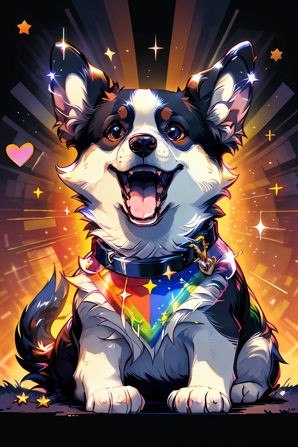 Niji Pride, solo, smile, open mouth, tail, heart, tongue, tongue out, star (symbol), collar, no humans, sparkle, fangs, looking up, dog, animal focus, sparkling eyes, fluffy