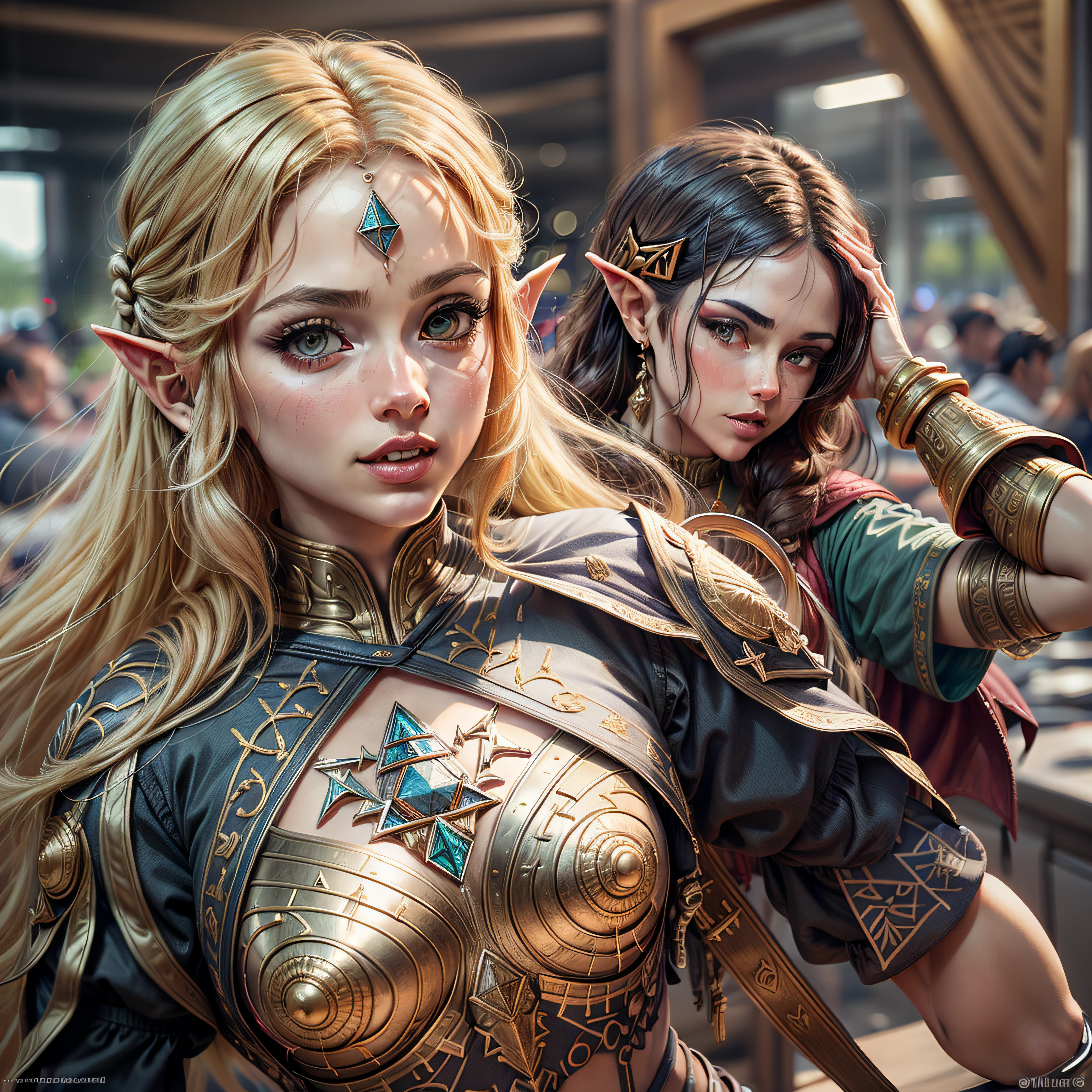 Mulher de cabelos loiros em roupa azul e bege segurando em poses de combate como em street fighter, lutando como em street fighter 2, guerreira, Zelda, Retrato de Zelda, de lenda de Zelda, Link da lenda de Zelda, link do Zelda, Fotos cosplay, Cosplay ornamentado, Cosplay profissional, Cosplay, Cosplay Completo, Artgerm Moody Fotografia, Princesa Zelda, Zelda como Triforce, Hyrule, Anime Garota Cosplay, ray-traced, 3d-render, extremanente detalhado, alta qualidade, Luz e sombra realistas, cabelos loiros, eye reflection, Sorriso leve, ray tracing, ray tracing, High detail, realismo, hiper-realismo, profundidade de campo, cinematic lighting, desfoque de movimento, brilho, luz brilhante, raios de deus, ray tracing, reflection light, Afterimage, multiple views, Reflexo da lente, Bokeh, 4k, UHD, Masterpiece, anatomicamente correto, pele texturizada, Super Detalhe, alta qualidade, best quality, 8k