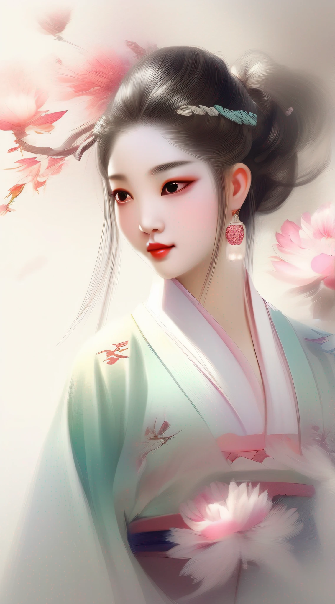 Beautiful Chinese girl, wearing peony hair ornaments, wearing Chinese ancient costume, beautiful details, rich light and shadow, absolutely beautiful female body, willow eyebrows, delicate eyes, flowing skirt, floating clouds, watercolor, ink, harmonious and unified tones, heart rendering, perfect art, fresh color background, ancient Chinese artist Qiu Ying style, soft shadows, clear focus, cinematography, center composition, poster design, cinematography, panorama, 32K, -- v 6, delicate and clear facial features, clear five fingers