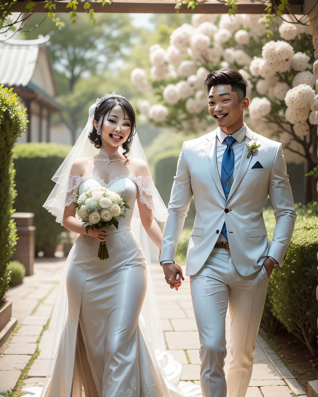 A happy couple, holding hands at the wedding. Asian girl wearing white gauze dress，The boy was wearing a suit, With a happy smile，s delicate face，Delicate makeup，A masterpiece，masterpaintings --auto