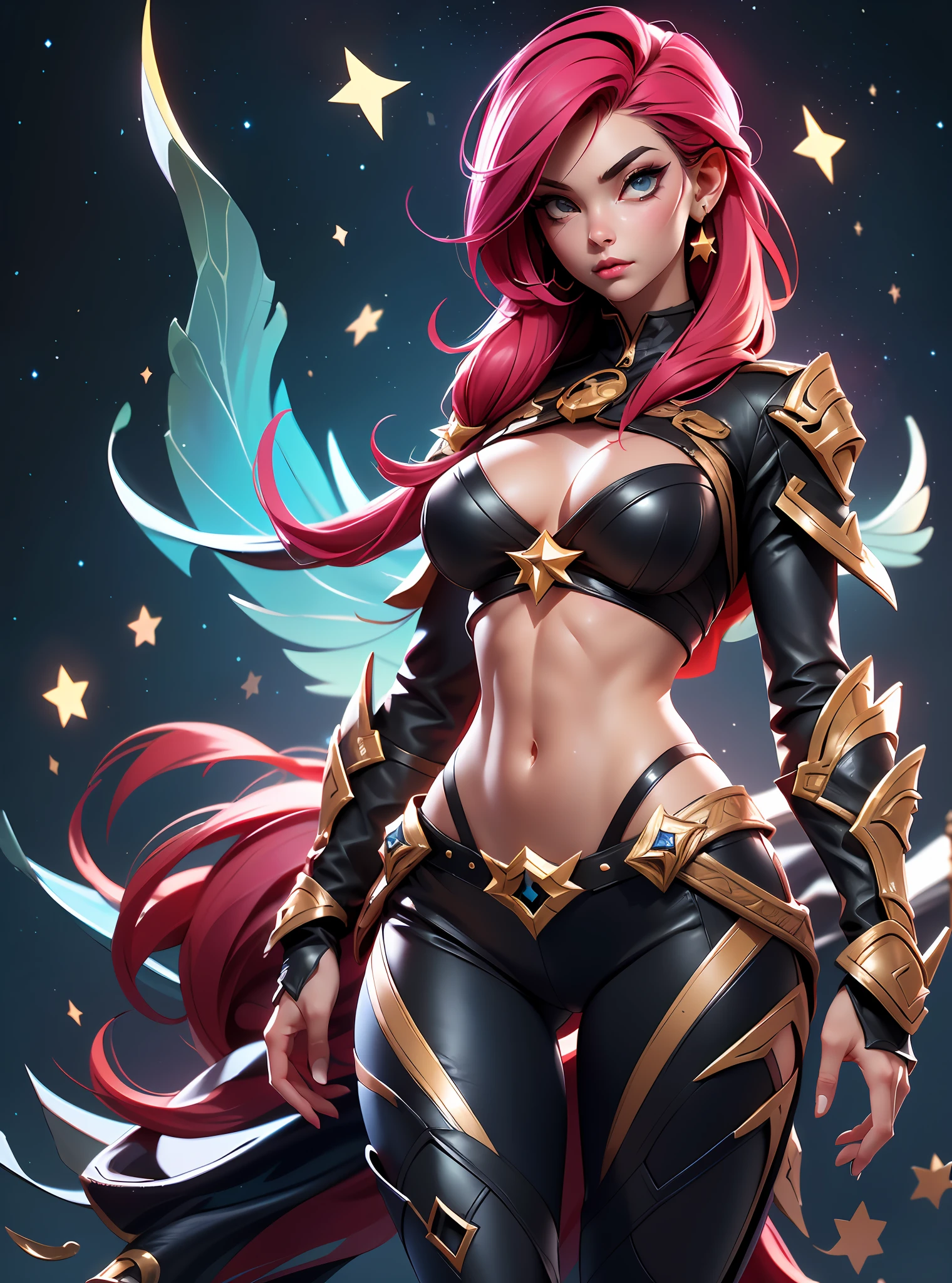 ((巨作)), League of Legends((Katarina)), Katarina, beautiful female assassin, ((Realistic)) and watercolor drawing of a girl with goth colors. She has on ((Ruby hair)), wears a (Black skinny pants:Star motif ), ((Beautiful and aesthetic)), There is a stab wound in the right eye, muscular fit body abs, There is a tattoo on the waist, Sexy, under-boobs, full body concept, full body shot shot, Hot, (star filled sky background) (Clear background:1.35), (Particle, Firefly, blue glowing):1.3, ((Best quality)), UHD, high details, best quality, highres, 8k