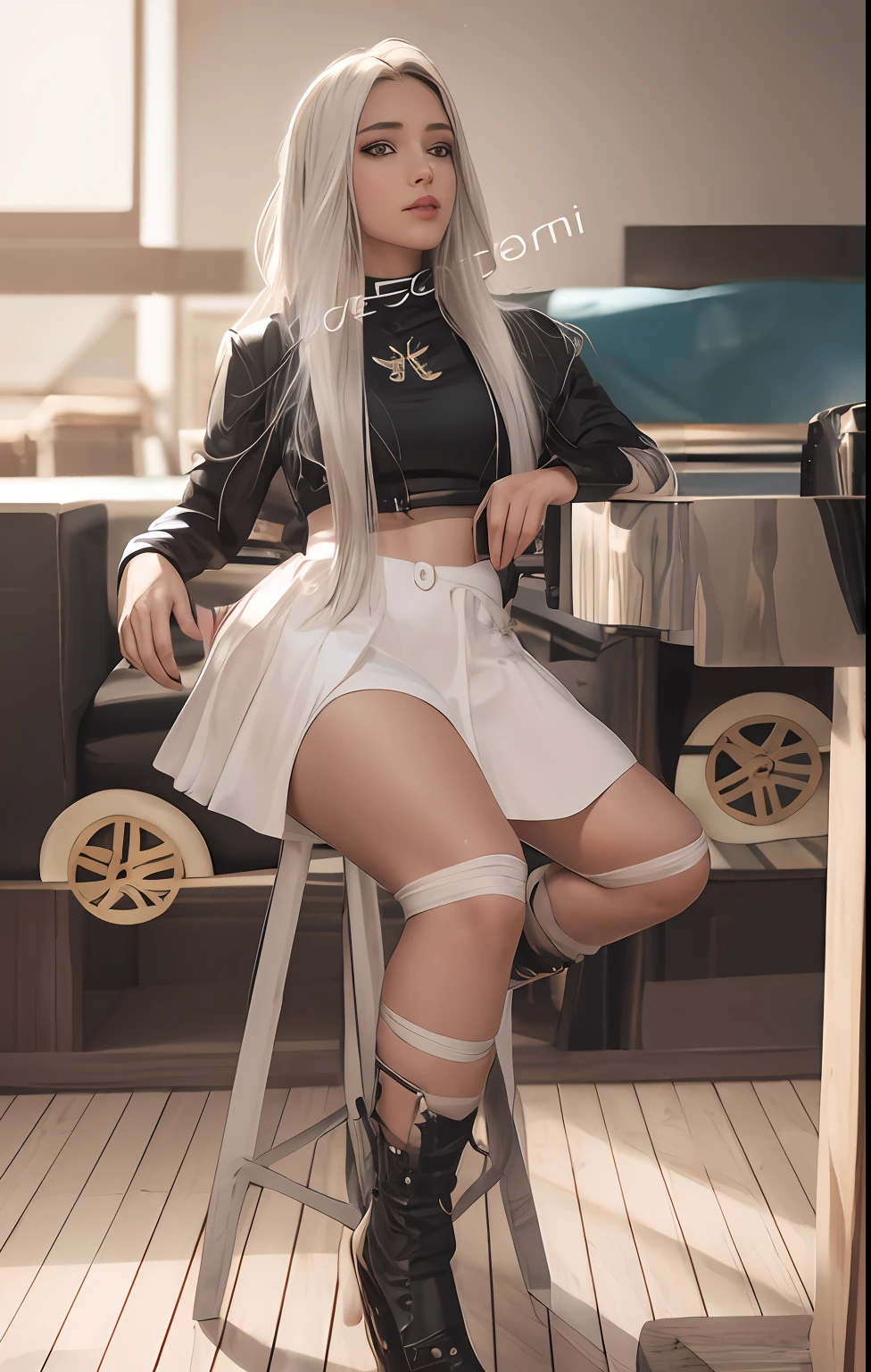 mulher  de cabelos amarelos loira em uma roupa de couro preto sentada em um banquinho, coxas e saia, com longos cabelos loiros, estilo sexy, 21 years a photographic art, luz do sol de contorno background light sun, cinematic vision