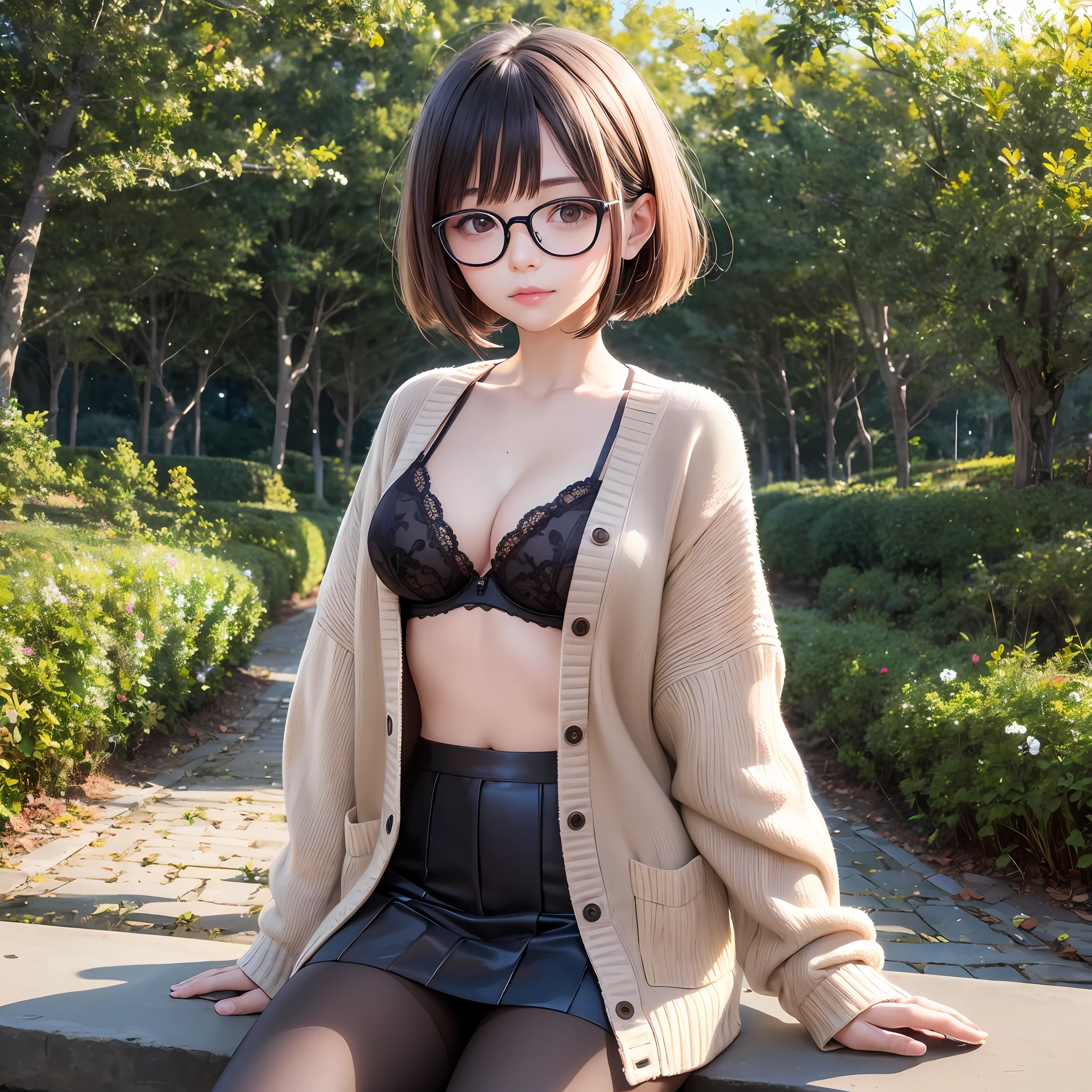 独奏, Hi-Def, Best Quality, very high image quality, ultra hyper-detailed, ultra realisitic, photographrealistic, Intelligent beauty, Glasses, Big green eyes, green long bob cut, pink bra and , light brown cardigan, flare mini skirt, Black panty hight heels, アニメ, Illustration, Portrait
