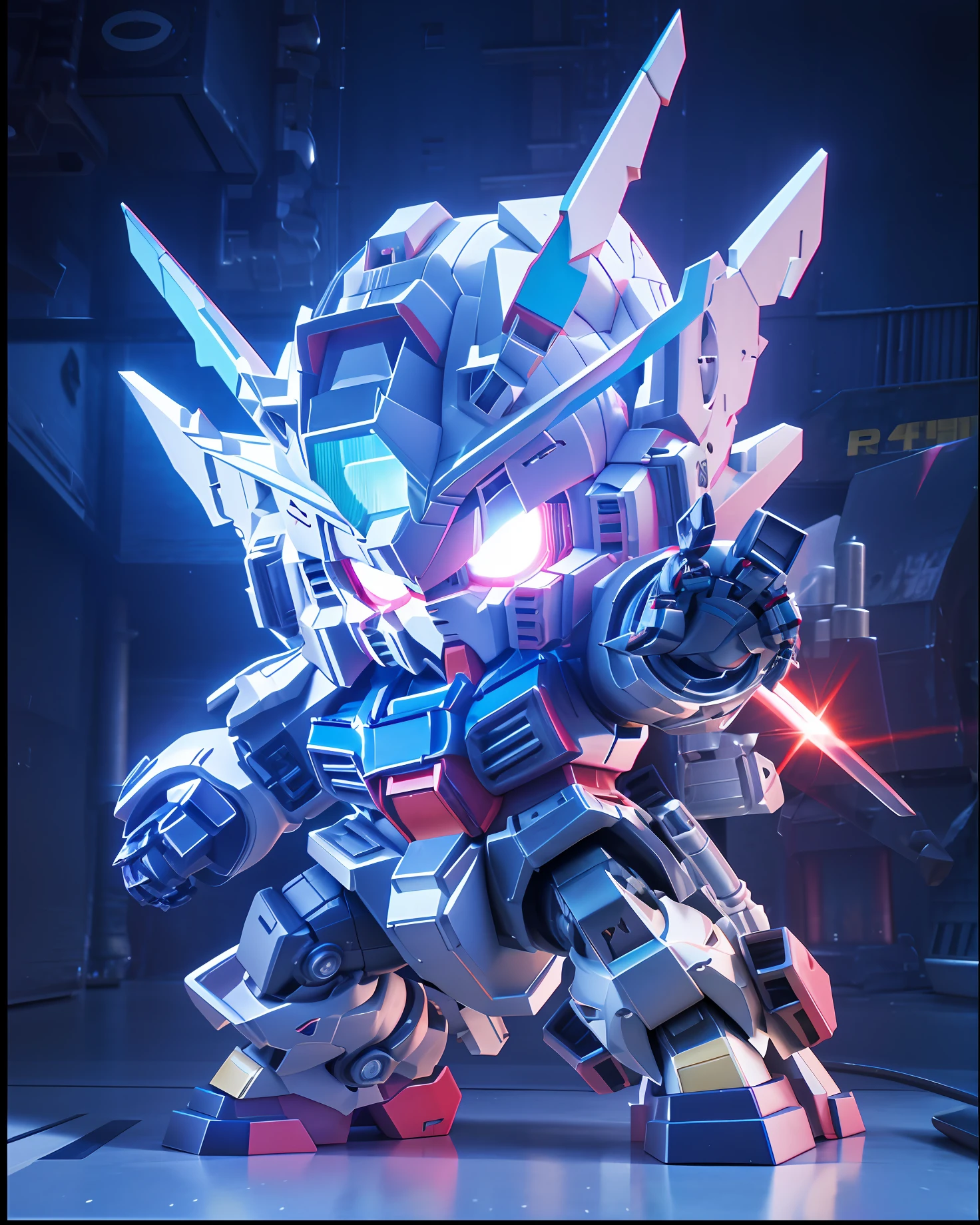 a close up of a robot with a sword and a light on, rendered in redshift, cool mecha style, 4k highly detailed digital art, advanced digital chibi art, 3 d render official art, 8K high quality detailed art, Mobile Suit, Nendoroid 3D, gundam style, anime styled 3d, 3d render digital art