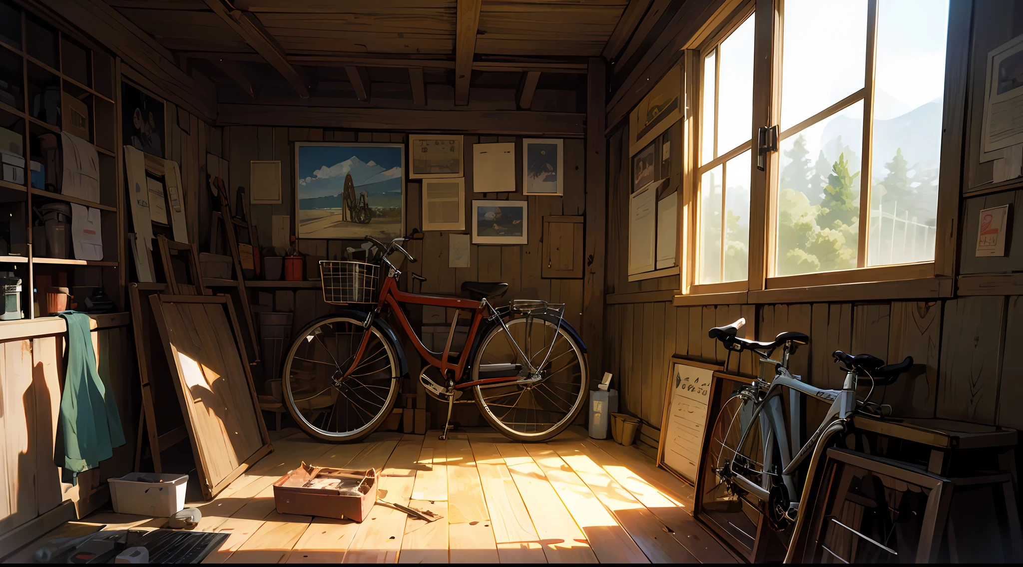 (masterpiece), best quality, detailed, vintage Japanese bicycle workshop, filled with tools and machinery, warm golden hour lighting, dusty atmosphere, worn out wooden floor, rusted metal, detailed bicycle repairs in progress, round front window with lovely plants, old school bicycles hanging from the ceiling, (1-2 people) in the workshop, vintage clothing, oil can, bicycle frames, hand tools, vintage bicycle posters. --auto