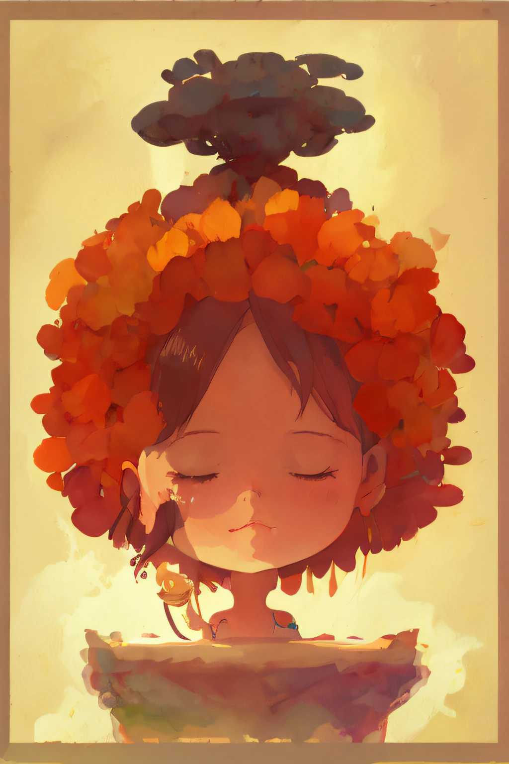 there is a cartoon picture of a girl with a flower in her hair, Loish e Goro Fujita, a beautiful artwork illustration, girl with a flower head, inspirado em Goro Fujita, 🍁 fofo, orange halo around her head, Arte no estilo de Guweiz, Directed by: Goro Fujita, Arte infantil em Artstation