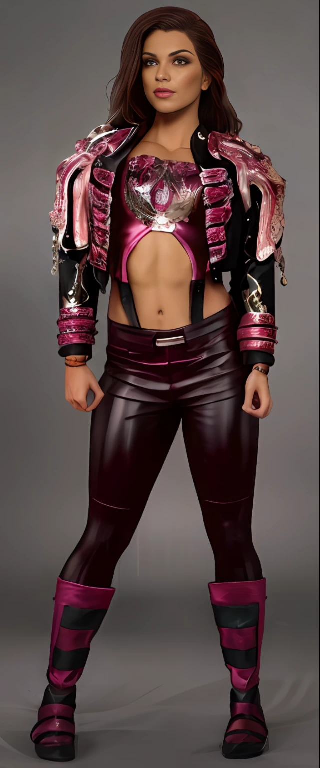 A woman dressed in a pink and black jacket and burgundy pants, Peau de fuchsia, Peau de fuschia, diesel punk female, in clothes! Very detailed, !!Very detailed!!, sharp silver armor fuchsia skin, Poser pour un combat complexe, ( ( peau claire ) ), female outfit, !!Very detailed, peau lisse fuschia, tenue de catch ,highly detailed full body