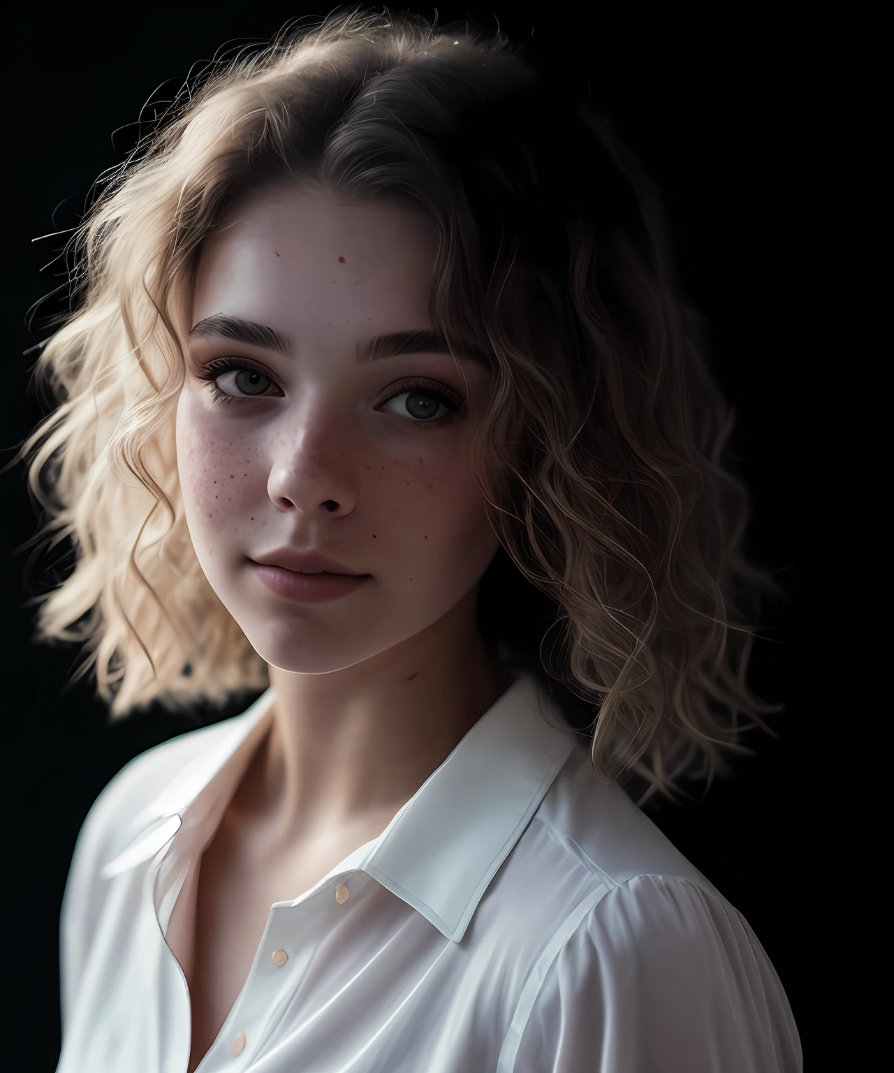Close-up, beautiful girl, physical rendering photo of an 18 year old girl, curls, freckles, unbuttoned, white blouse, black background, light on face, dream, magical atmosphere, cinematic lighting, embers, fantasy, action pose, mist, CRU photo, 8k uhd, film grain