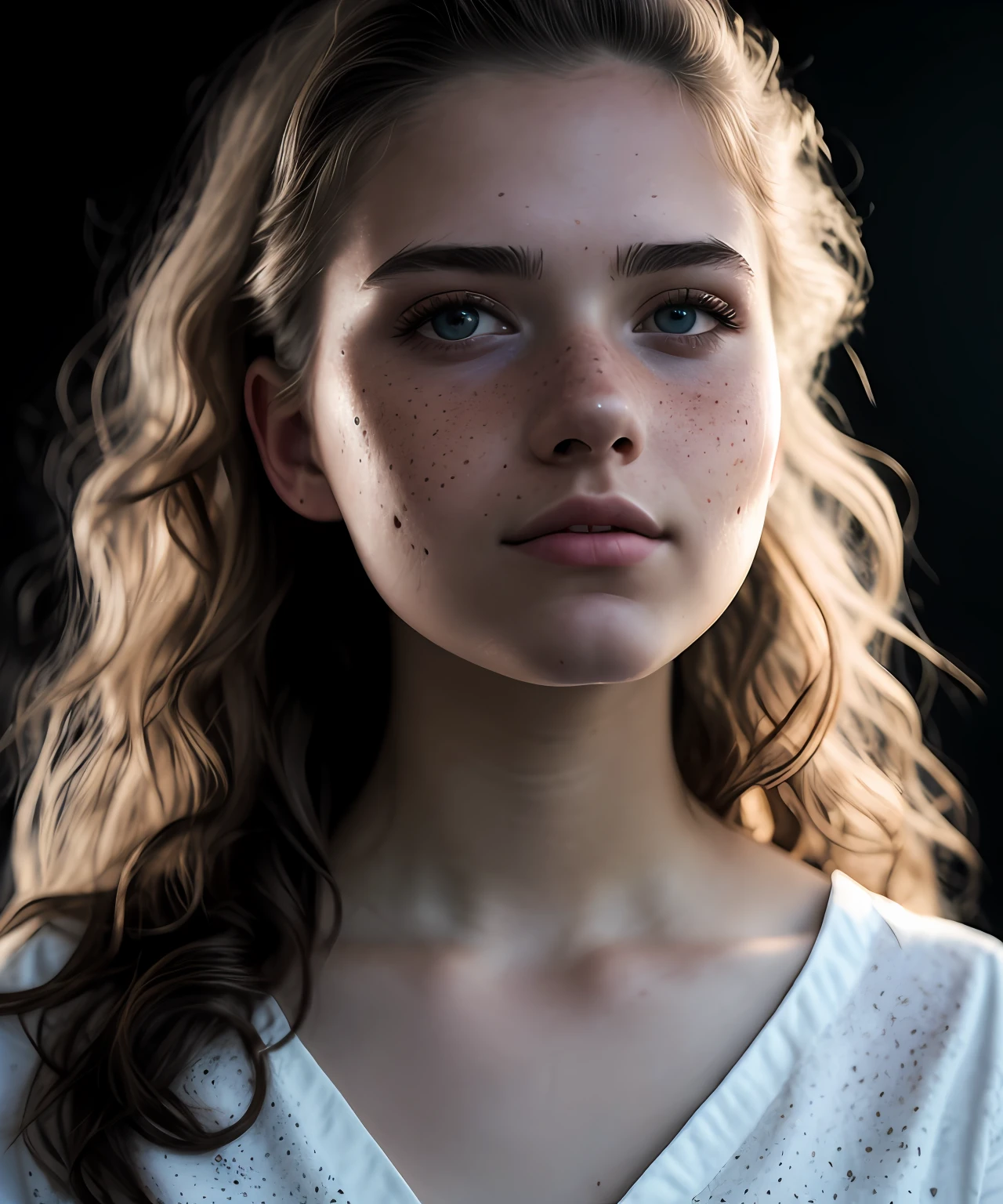 Close-up, beautiful girl, physical rendering photo of an 18 year old girl, curls, freckles, unbuttoned, white blouse, black background, light on face, dream, magical atmosphere, cinematic lighting, embers, fantasy, action pose, mist, CRU photo, 8k uhd, film grain