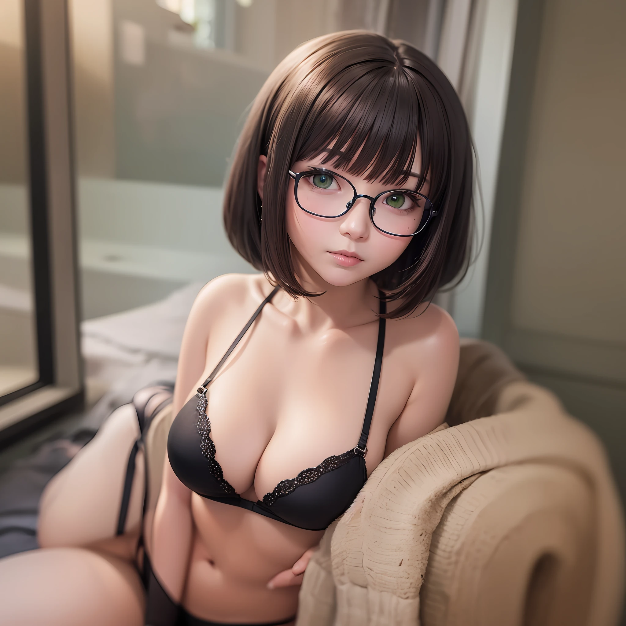 独奏, Hi-Def, Best Quality, very high image quality, ultra hyper-detailed, ultra realisitic, photographrealistic, Intelligent beauty, Glasses, Big green eyes, green long bob cut, pink bra and panty, light brown cardigan, flare mini skirt, Black pantyhose, hight heels, アニメ, Illustration, Portrait