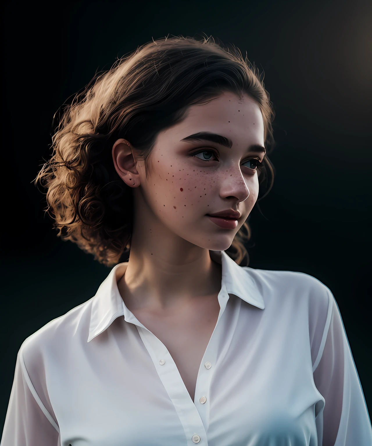 Close-up, beautiful girl, physical rendering photo of an 18 year old girl, curls, freckles, unbuttoned, white blouse, black background, light on face, dream, magical atmosphere, cinematic lighting, embers, fantasy, action pose, mist, CRU photo, 8k uhd, film grain
