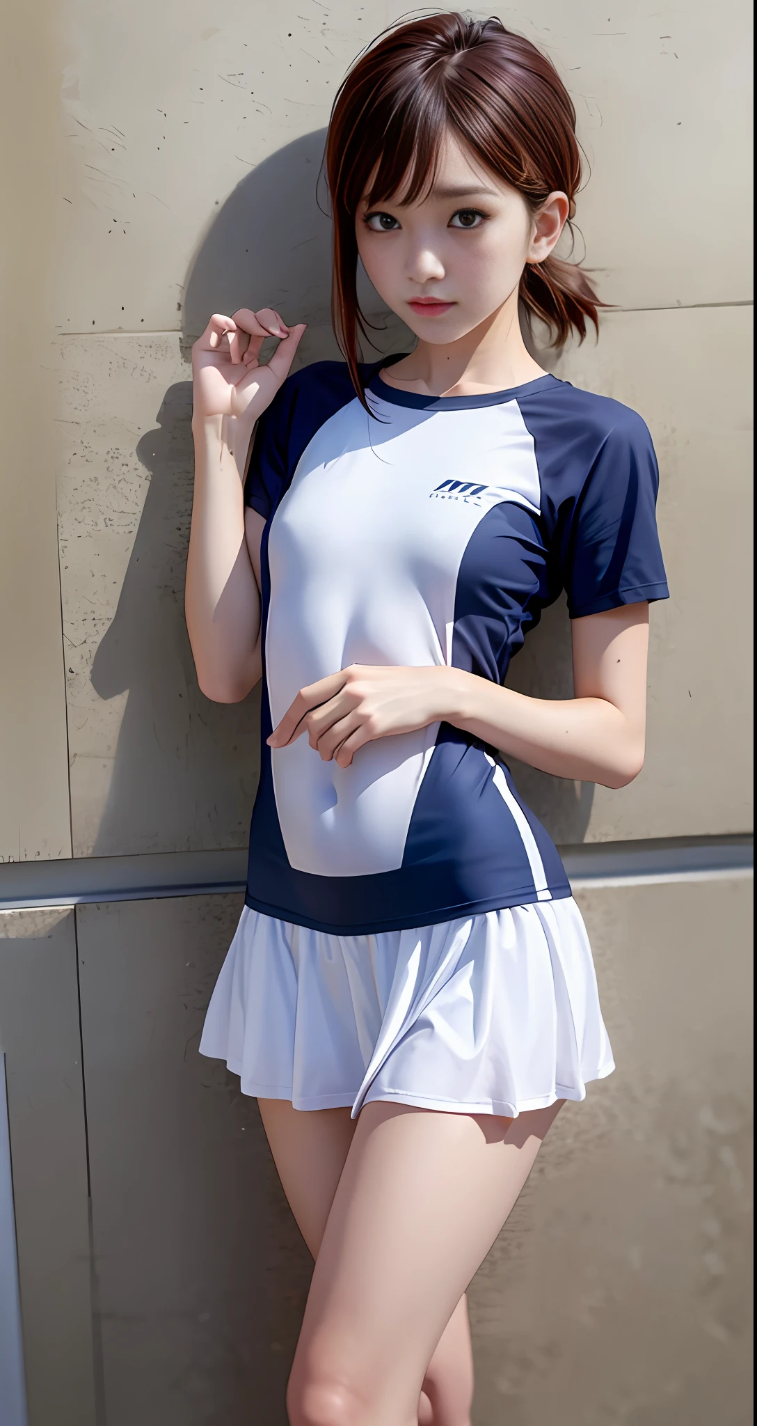 M-shaped legs、School swim wear、((最好质量)), ((巨作)), (the detail:1.4), opens legs、Brown hair、Freckles on the face、small tits、Ruined restroom、sexy lady、