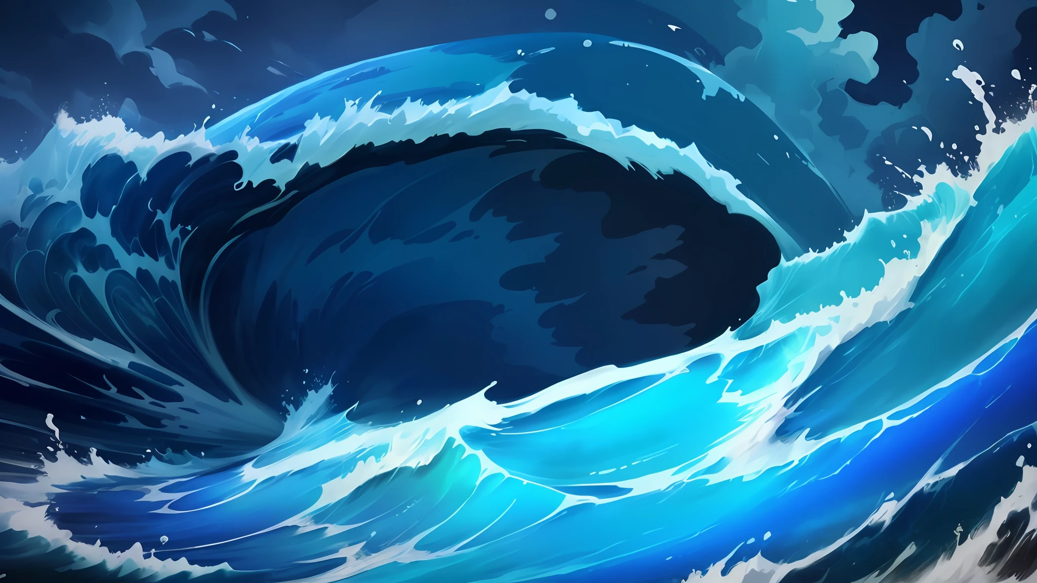 Illustration of a big wave breaking into the ocean，The background is a dark sky, blue crashing waves, 4 k hd illustrative wallpaper, azure waves of water, wild ocean background, arte de fundo, Splash Art, ocean swells, background artwork, PC Wallpapers, 4 k hd wallpaper illustration, Detailed digital painting, ocean swells, wallpaper anime blue water, epic digital painting