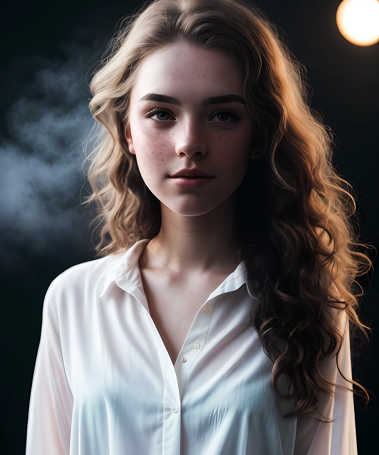 Close-up, beautiful girl, physical rendering photo of an 18 year old girl, curls, freckles, unbuttoned, white blouse, black background, light on face, dream, magical atmosphere, cinematic lighting, embers, fantasy, action pose, mist, CRU photo, 8k uhd, film grain