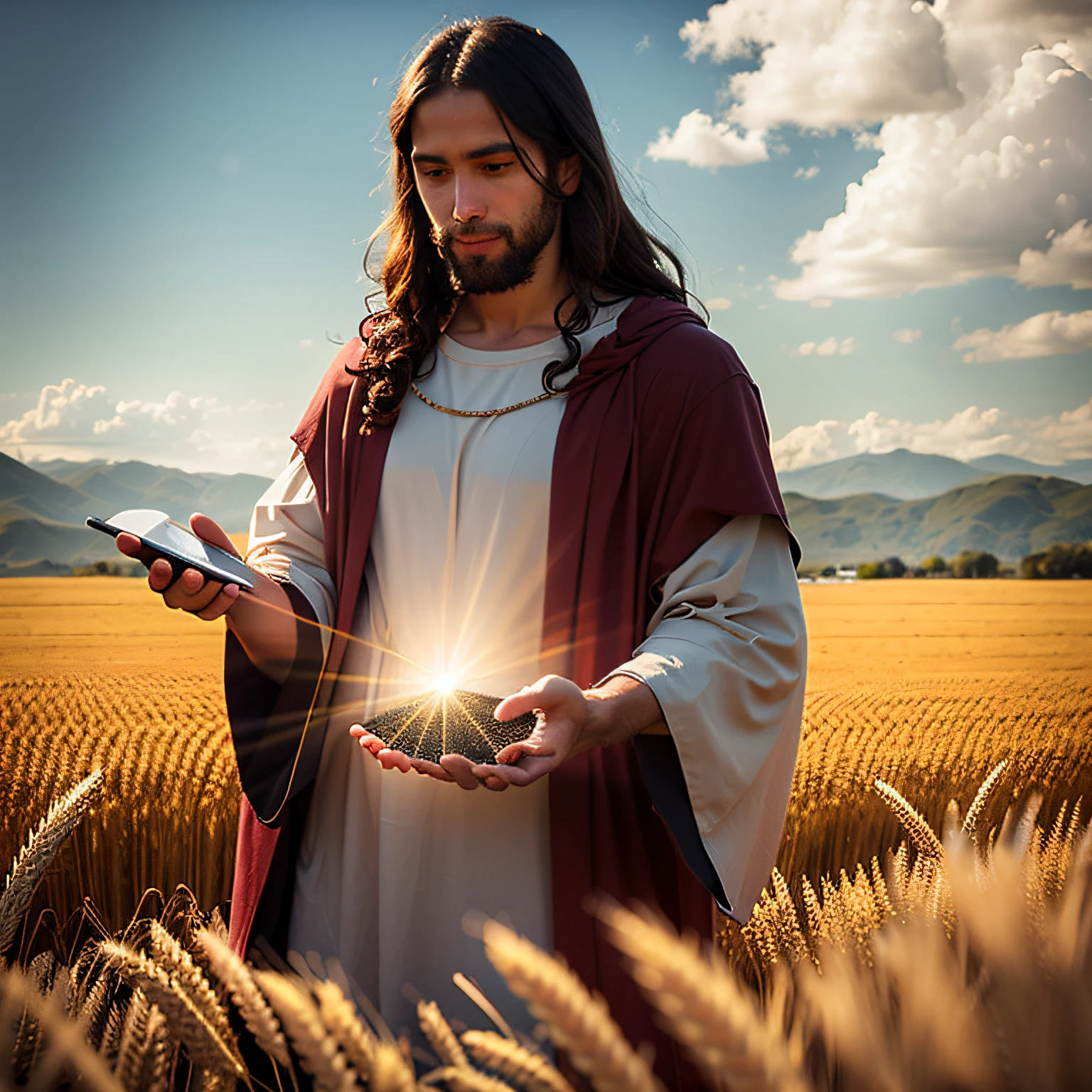 arafed man in a field of wheat holding a bible, jesus christ, bright light masterpiece, dressed like jesus christ, jesus, by Kurt Roesch, holding a holy symbol, holy imagery, the lord and savior, young almighty god, an amazing photo, holding holy symbol, he is holding a smartphone, by Aleksander Gierymski, holy sacred light rays