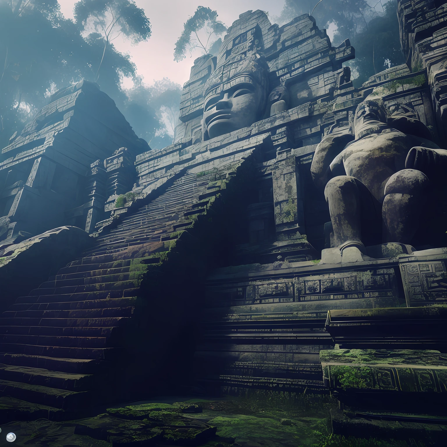 there is a statue of a man sitting on a stone staircase, mysterious temple setting, lost temple, temple ruins, exterior of scifi temple, ancient temple, secret overgrown temple, ancient ruins in the forest, ancient yet futuristic, 3 d render and matte painting, mayan temple in the jungle, a mystical temple, ancient biomechanical temple, submerged temple scene