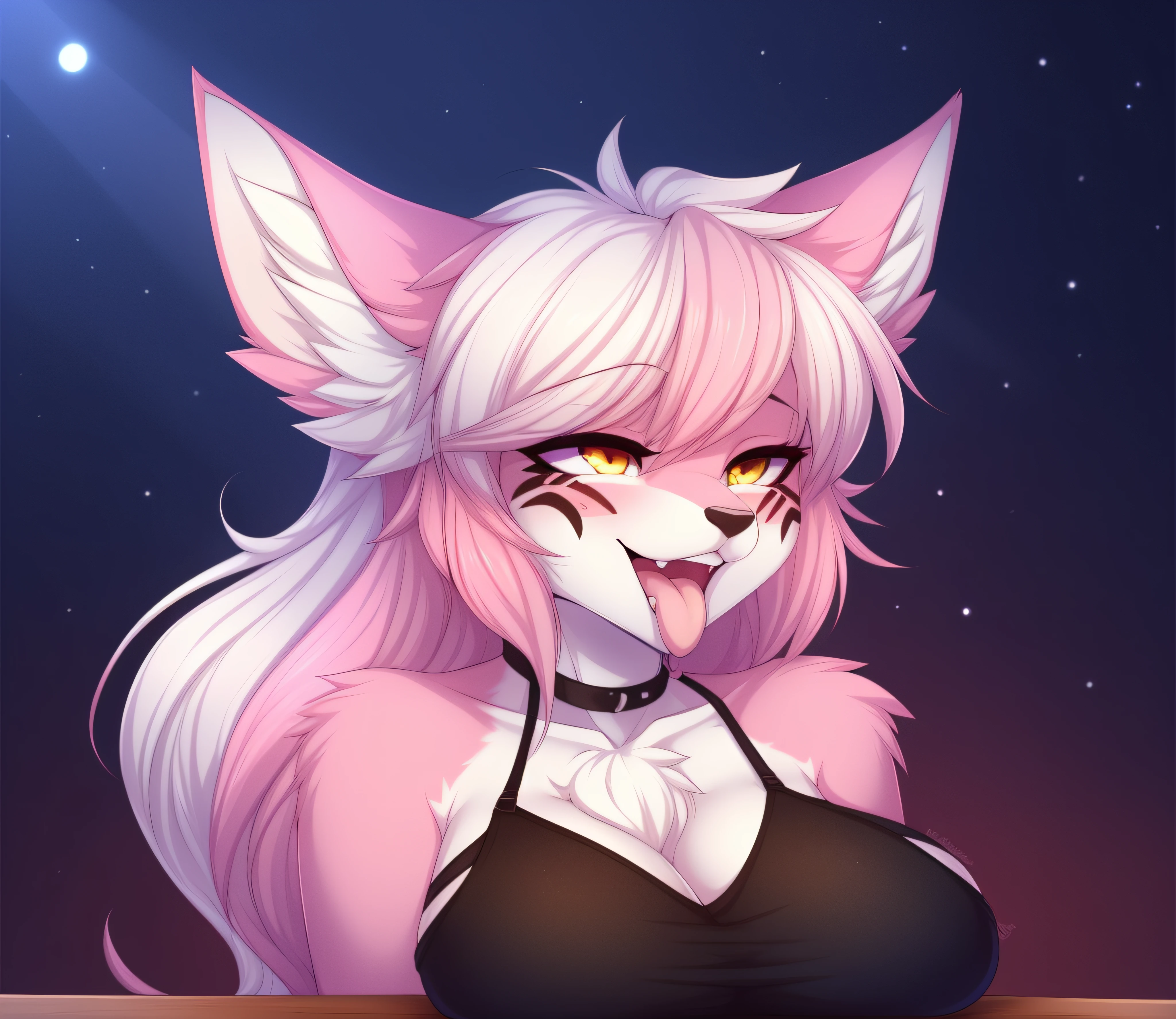 ((face painting)), ((masterpiece, best quality)), (anthro furry:1.3, anthro:1.3, hairy:1.2, female solo:1.2, ahegao), by teranen, (coffeesoda:1.1), teranen, fox, anthro, female, solo, pleasure face, breathless, pink right iris, pink left iris, pink body, big breasts, chubby, white hair, white bangs, pink hair, pink ears, (neve_meio environment), chest fluff, heart eyes, ((SFW))
