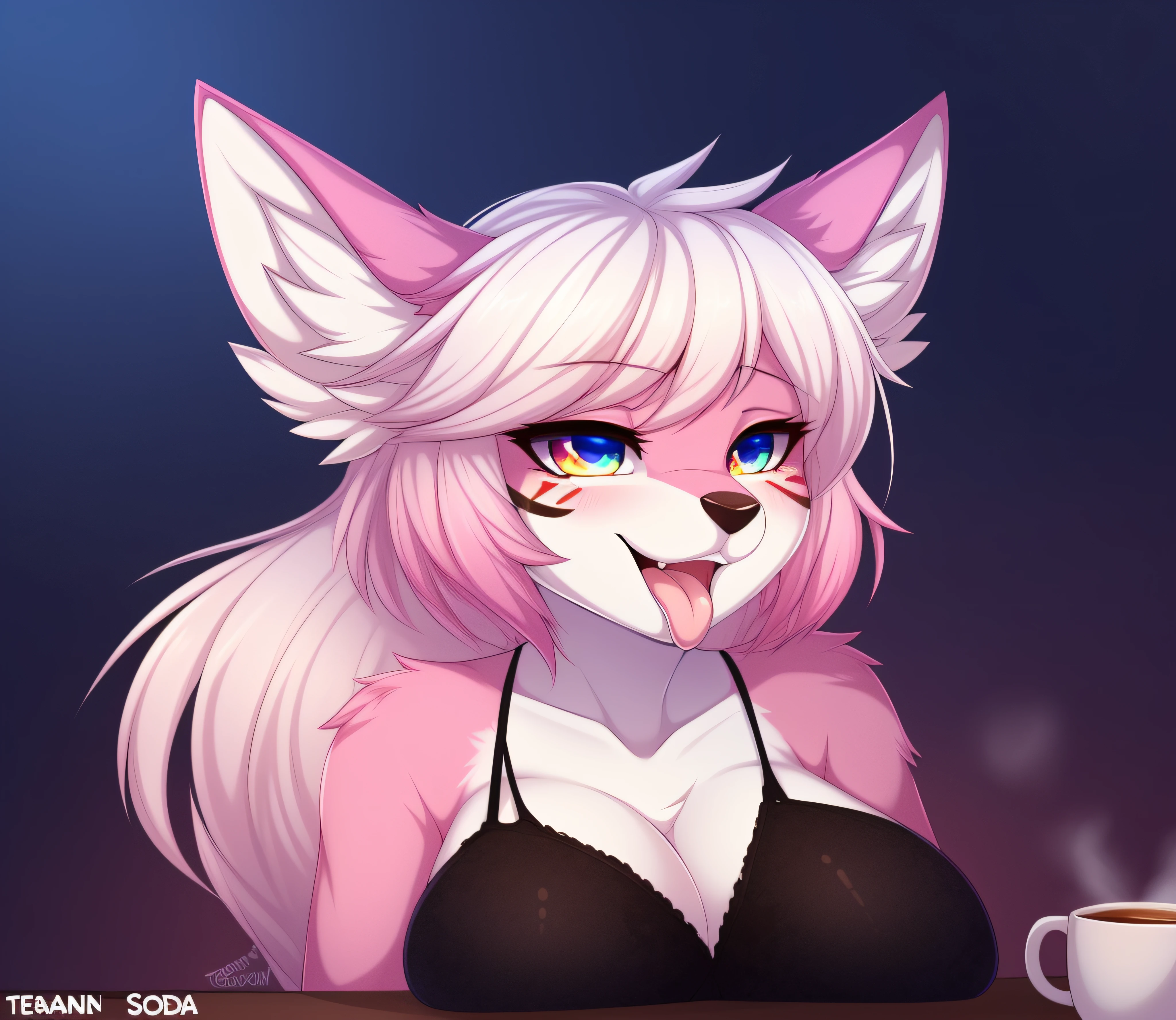 ((face painting)), ((masterpiece, best quality)), (anthro furry:1.3, anthro:1.3, hairy:1.2, female solo:1.2, ahegao), by teranen, (coffeesoda:1.1), teranen, fox, anthro, female, solo, pleasure face, breathless, pink right iris, pink left iris, pink body, big breasts, chubby, white hair, white bangs, pink hair, pink ears, (neve_meio environment), chest fluff, heart eyes,  ((SFW))