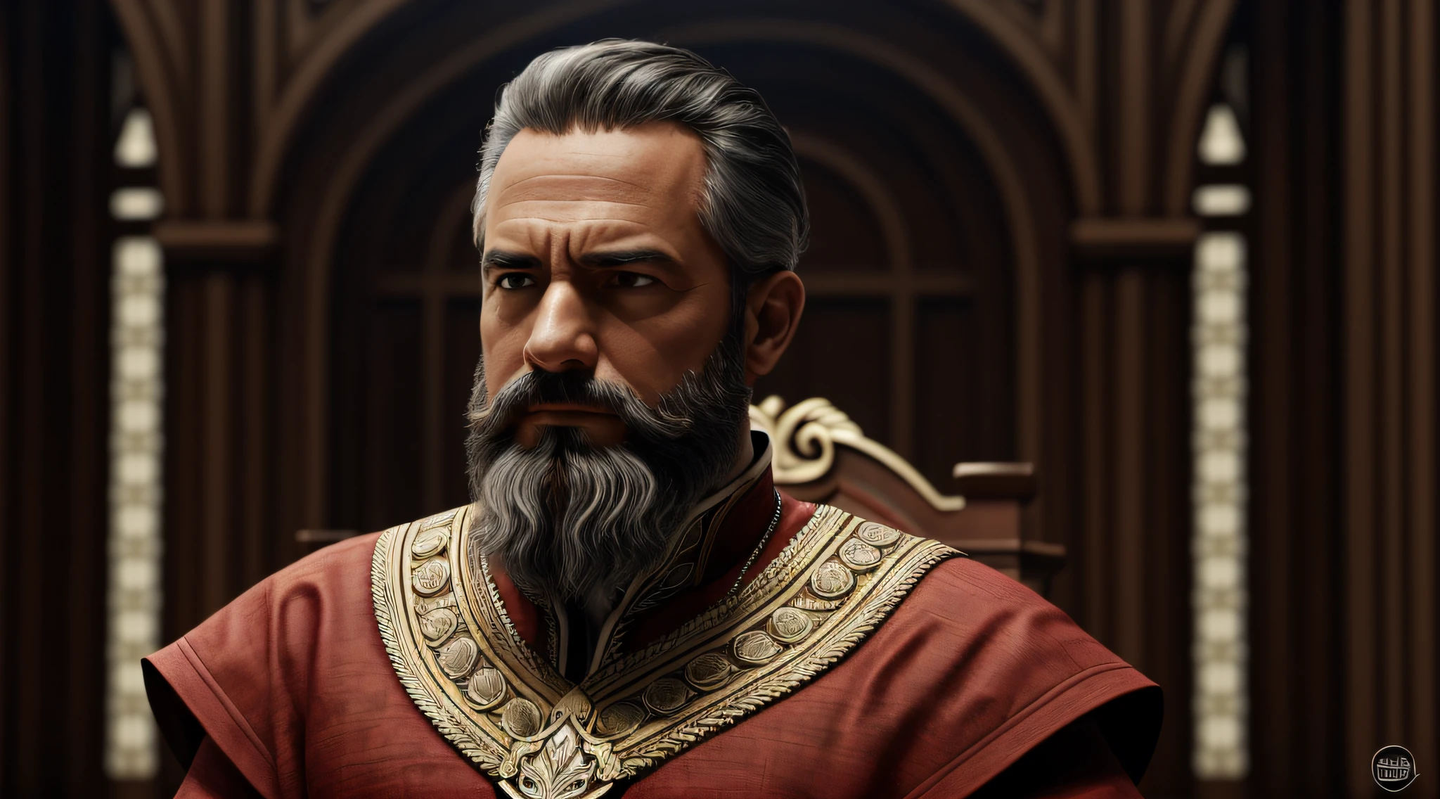 rei espartano sentado em seu trono, imponente, com uma grande barba, capa vermelha, altamente realista, Ultra resolution 8K, sem serrilhados, intricado, obra prima fotografica,