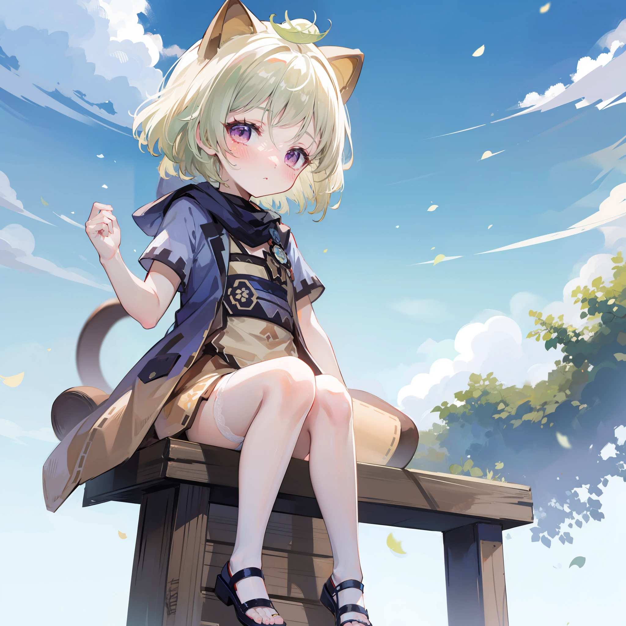 blush, outdoor, daytime, simple background, blue sky, rippled hair, sky, looking at the audience, li, very cute expression, small short legs, avatar, panties, white tights