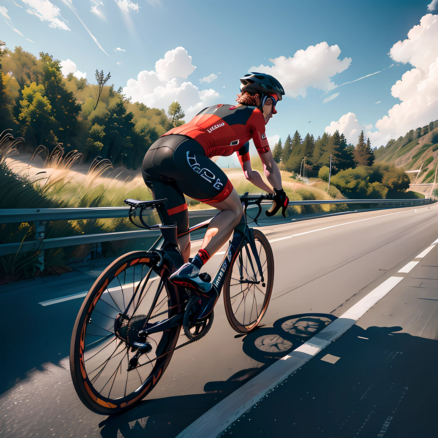 There was a man riding a red and black gradient road bike on the highway， Sprint to the finish line， Bike races， A lot of viewers， beachside， blue-sky， Wide greenways， highways， ，， Ride a red and black gradient road bike! --auto