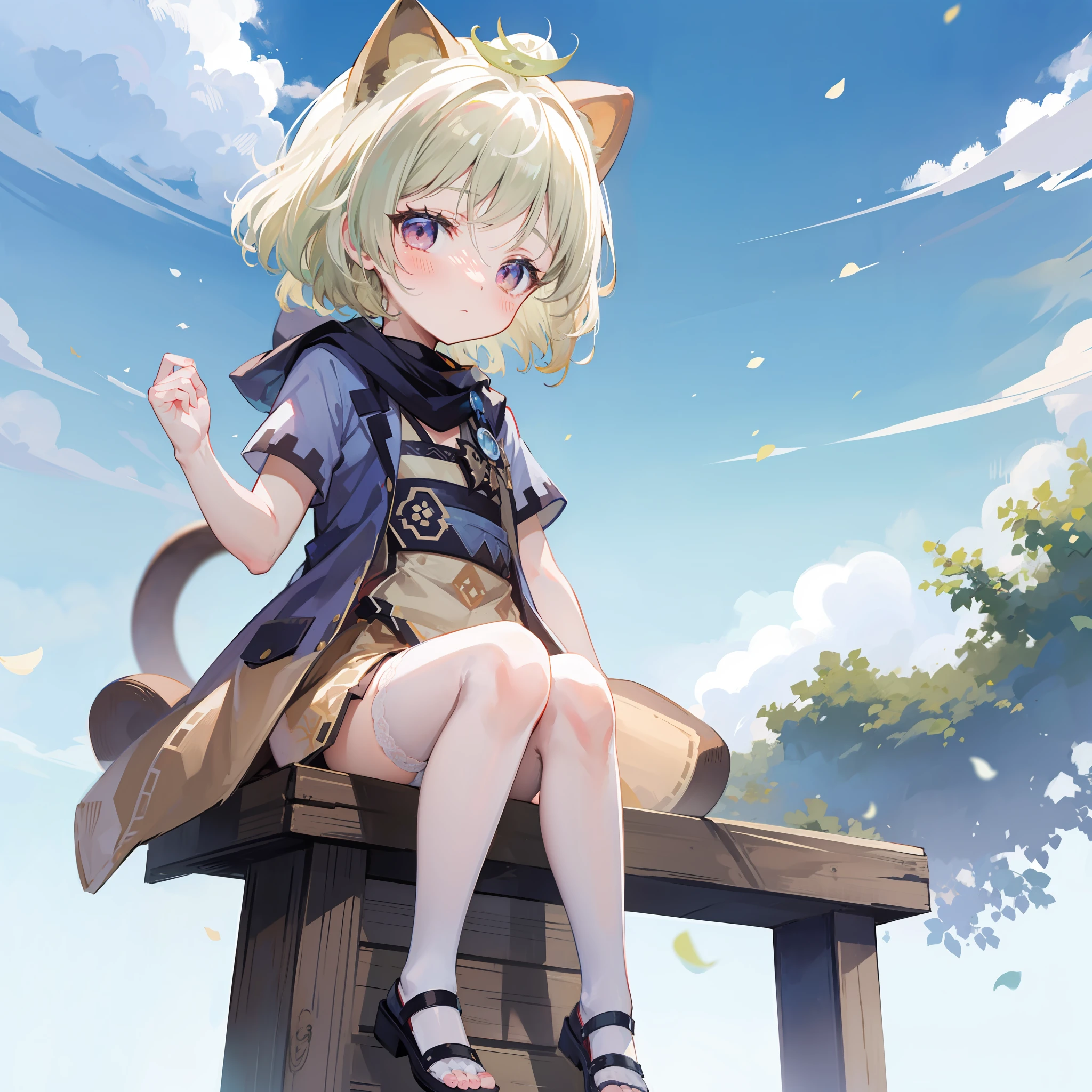 blush, outdoor, daytime, simple background, blue sky, rippled hair, sky, looking at the audience, loli, very cute expression, small short legs, avatar, panties, white tights