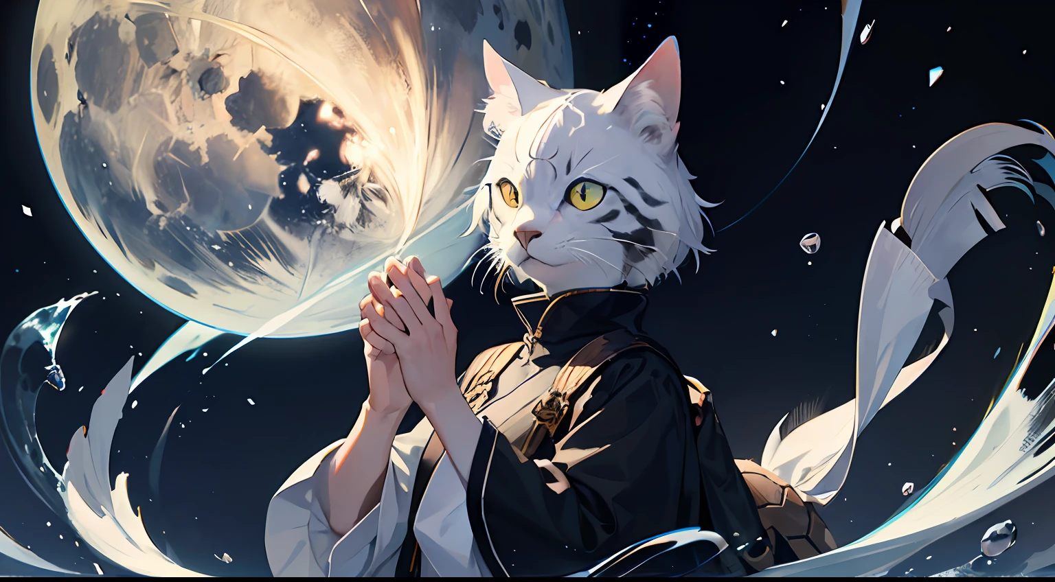1cat,Fold your hands,Looking at the sky,anthropomorphic turtle,Mystic aura,universes,dark light