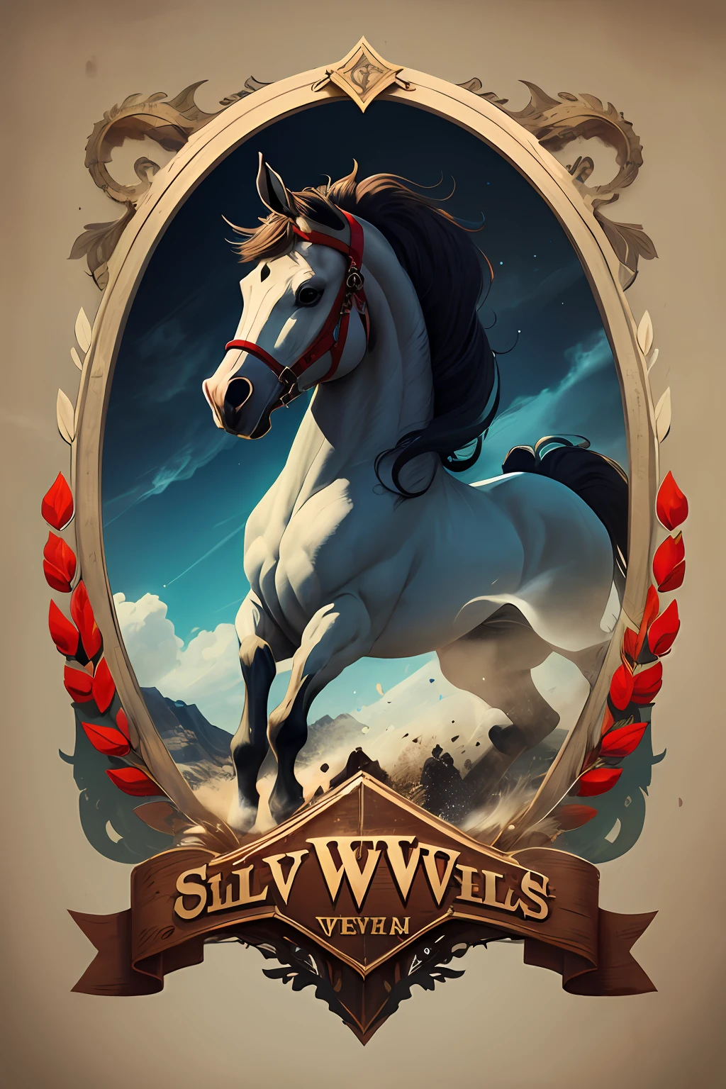 Logotipo de cavalo vetorial, silhuetas, vetorial, Wild West Stile, Faroeste, moldura redonda, cinematographic, geometrical forms, cores vermelhas