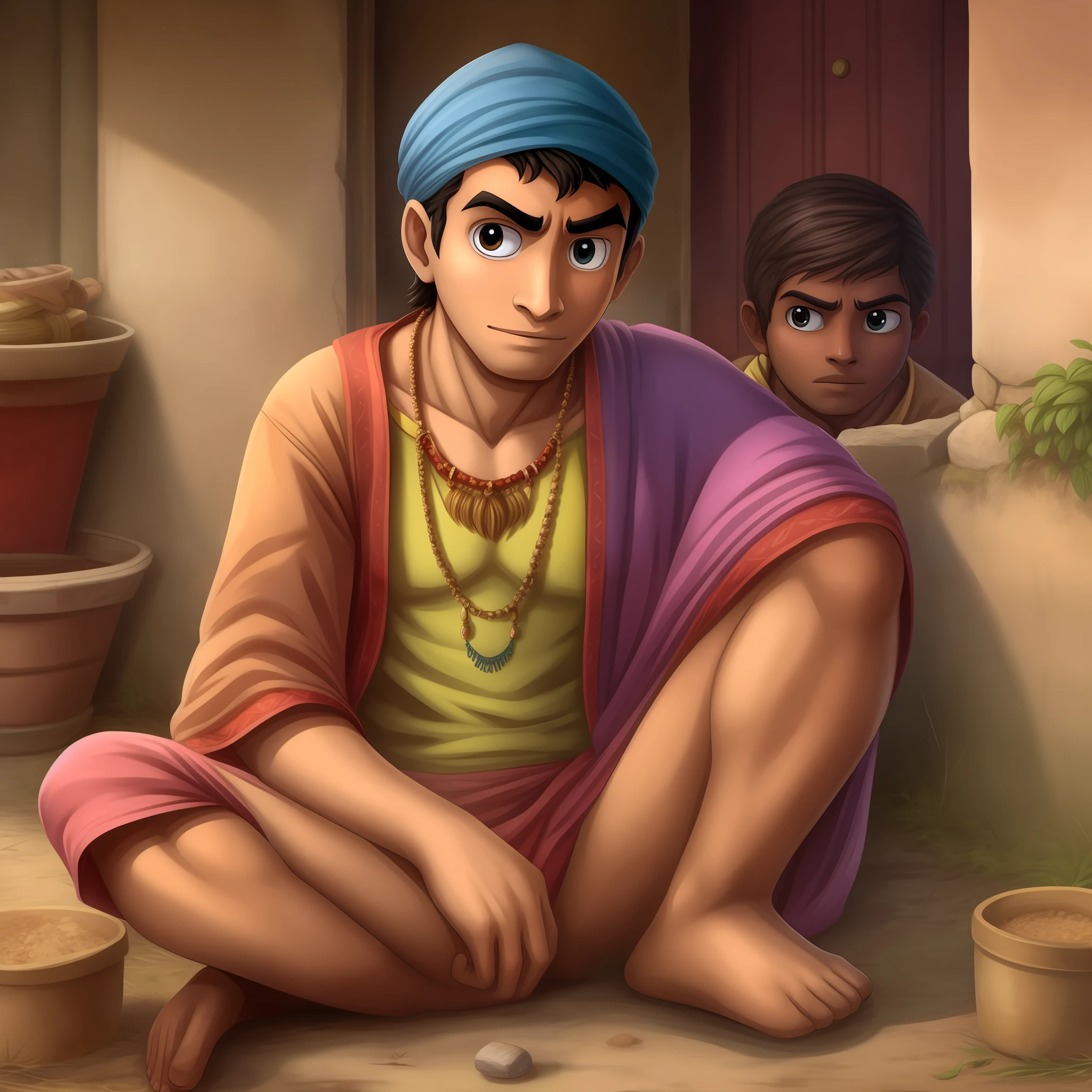 A indian young poor man in village in cartoon