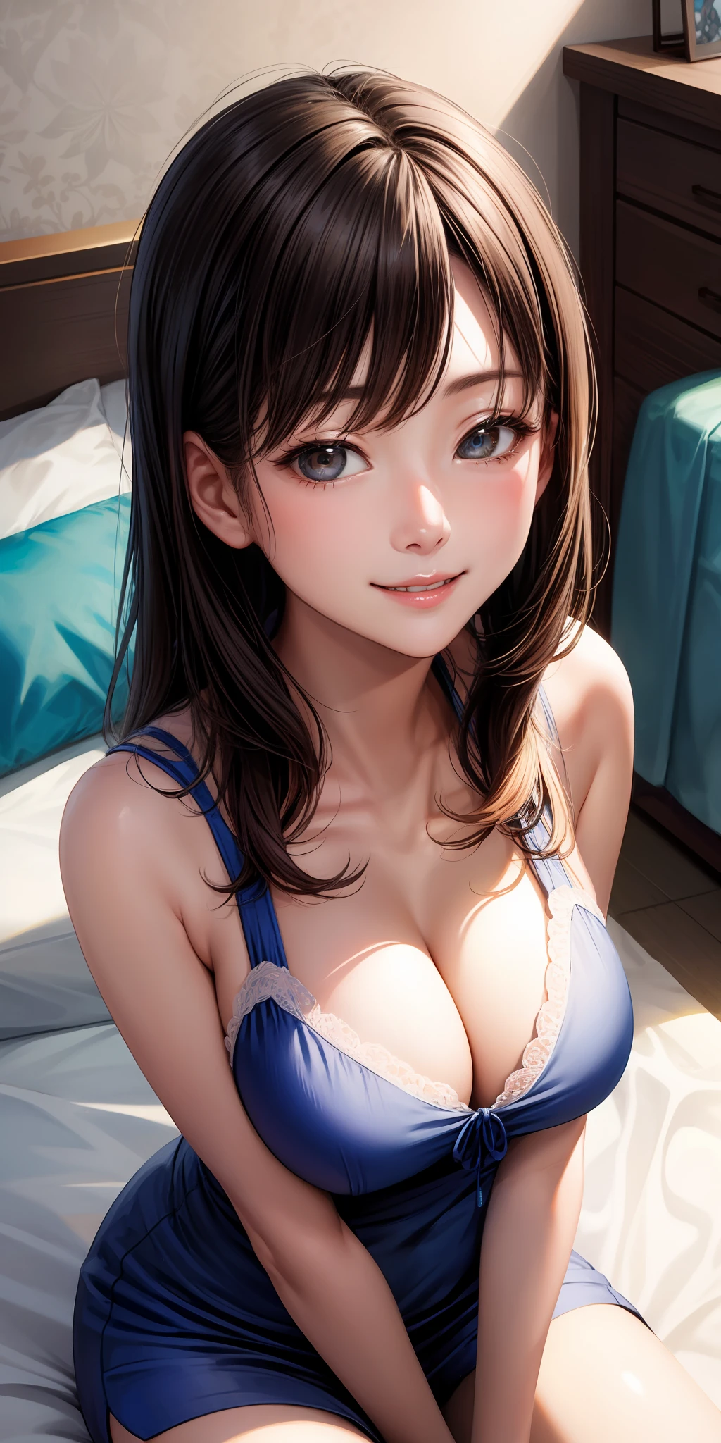 realisticlying、Female, 53age、selfee、Looking up、Face-chest zoom、Cleavage emphasis、Face smile、sit on a bed、Face Real