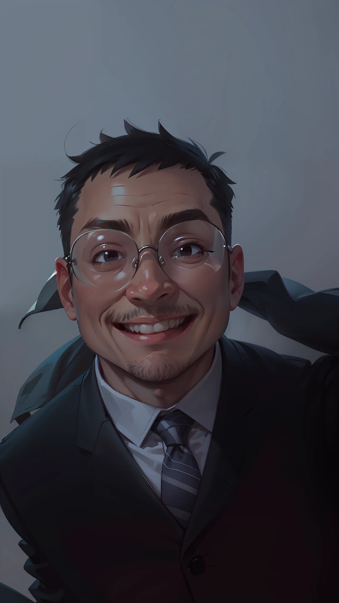 Gray background, simple background, 1 man, teacher, suit, glasses, short black hair, smile, standing, very detailed, best quality, 4K