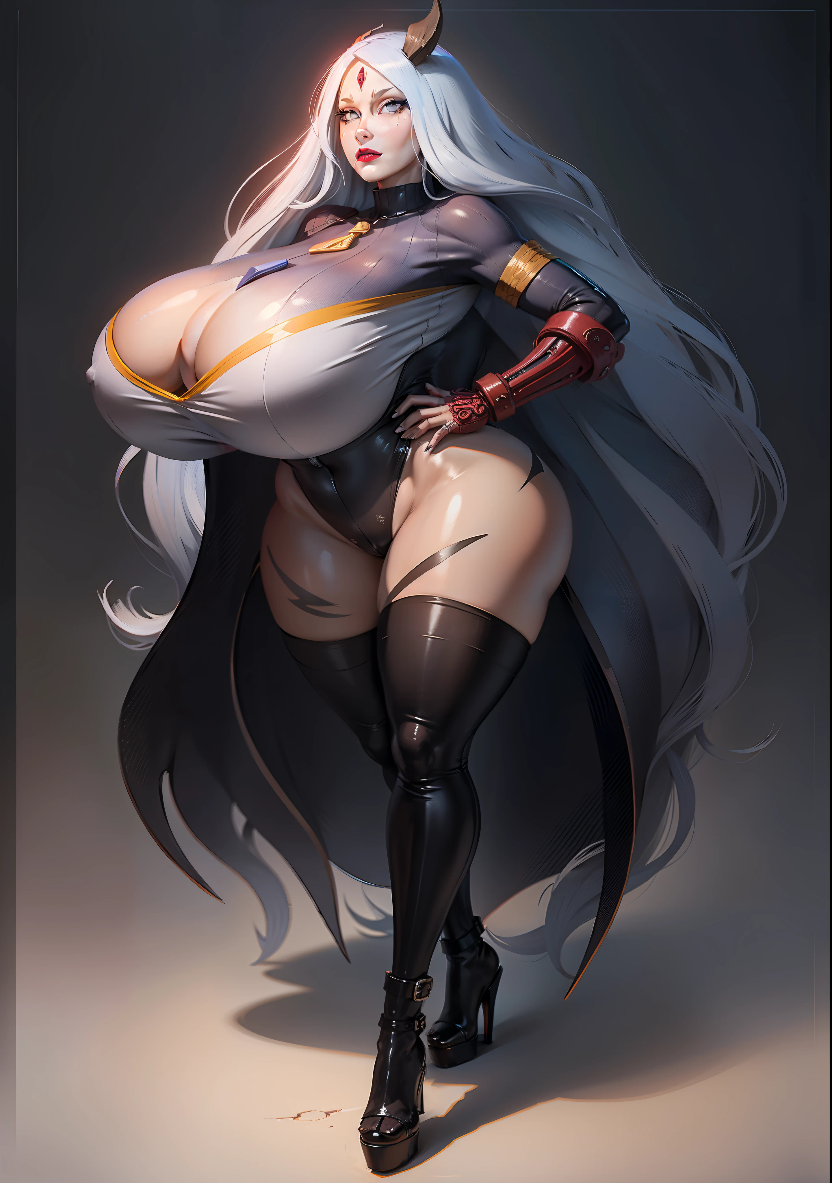 a close up of a cartoon of a woman with a knife, fullbody commission for, commission for high res, thicc, oc commission, sinister pose, full body xianxia, katanas strapped to her back, cel - shaded art style, dark sorceress fullbody pose, commission for, thick black line art, Kaguya otsutsuki, white hair, horns, expressionless, makeup, empty eyes, black hair, 8k, super detail, 4K, HD, highres, best quality, award winning, high quality, high details, super detail, textured skin, anatomically correct, ccurate, masterpiece, retina, UHD, hyper detail, hyper detailed face, thicc, biomechanical oppai, oppai, thicc, oppai proportions, nsfw, platform heels, bimbo, (massive lips: 1.3) and (silicon lips:1.3), thick lips, leotard, latex